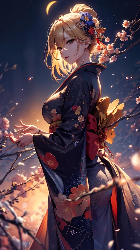 masterpiece, high quality, 4K, Beautiful design, silhouette，blonde， 非常に詳細な夜のStarry Sky,Flower Field， wonderful, Finer details,  ...