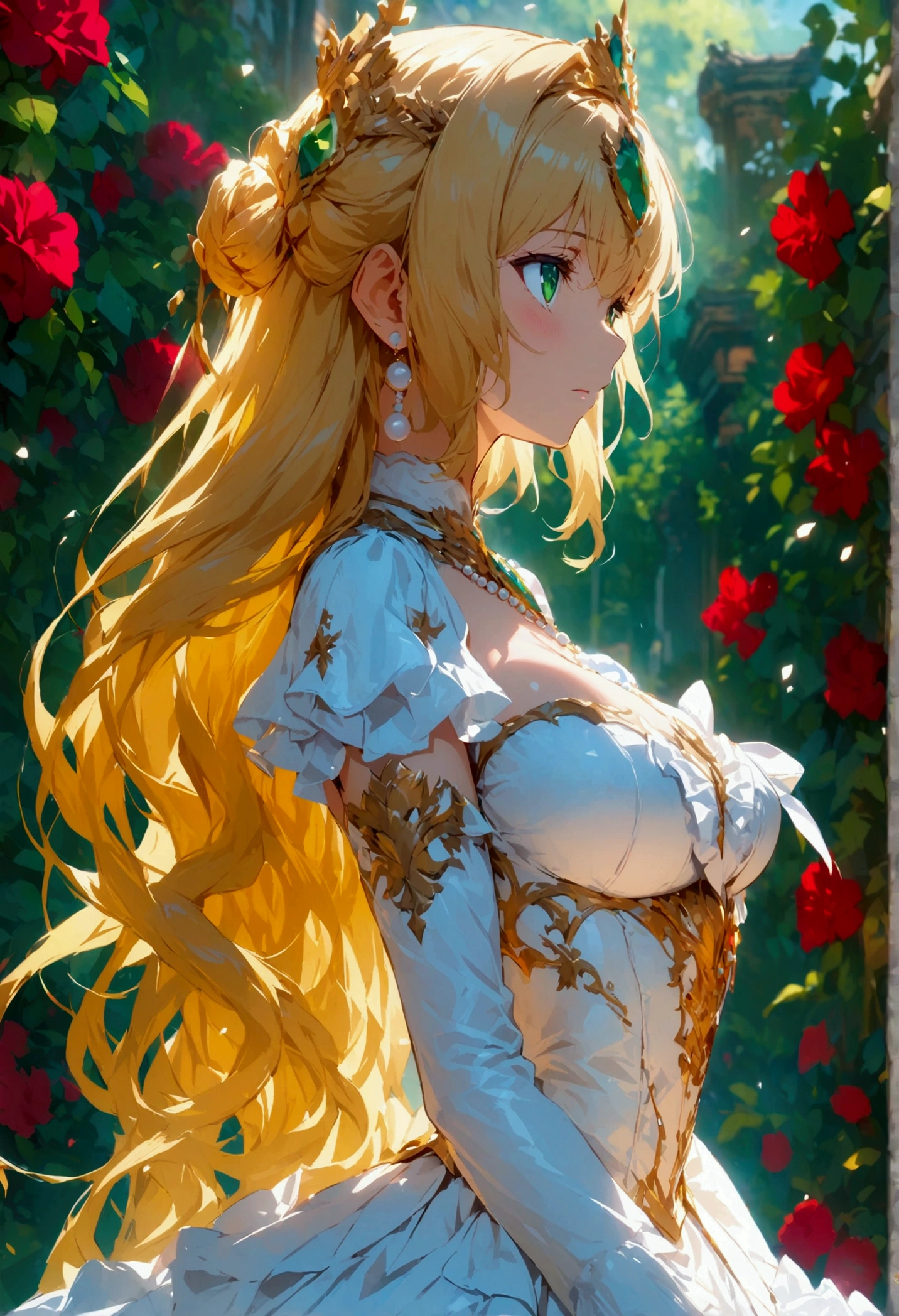 Anime. 1 Girl. Cute girl. Princess. Blonde. Long hair. Wavy hair. Green eyes. Beautiful eyes. Perfect eyes. Expressive eyes. Blind eyes. Blind. Ideal face. 16 years. Sitting chest. Beautiful breasts. Ideal anatomical body. Beautiful long legs. Luxurious white dress. White stockings. High heel shoes. White cane. Diadem. Pearl necklace. Neat earrings. White gloves. Standing at full height. She is standing on the street. Stands in the royal garden. Beautiful character design. Shiny skin. Full body. Official
art. Extremely detailed CG Unity 8k wallpaper. Ideal lighting. Ultra high resolution 4K. Super detailed 8K. A high resolution.