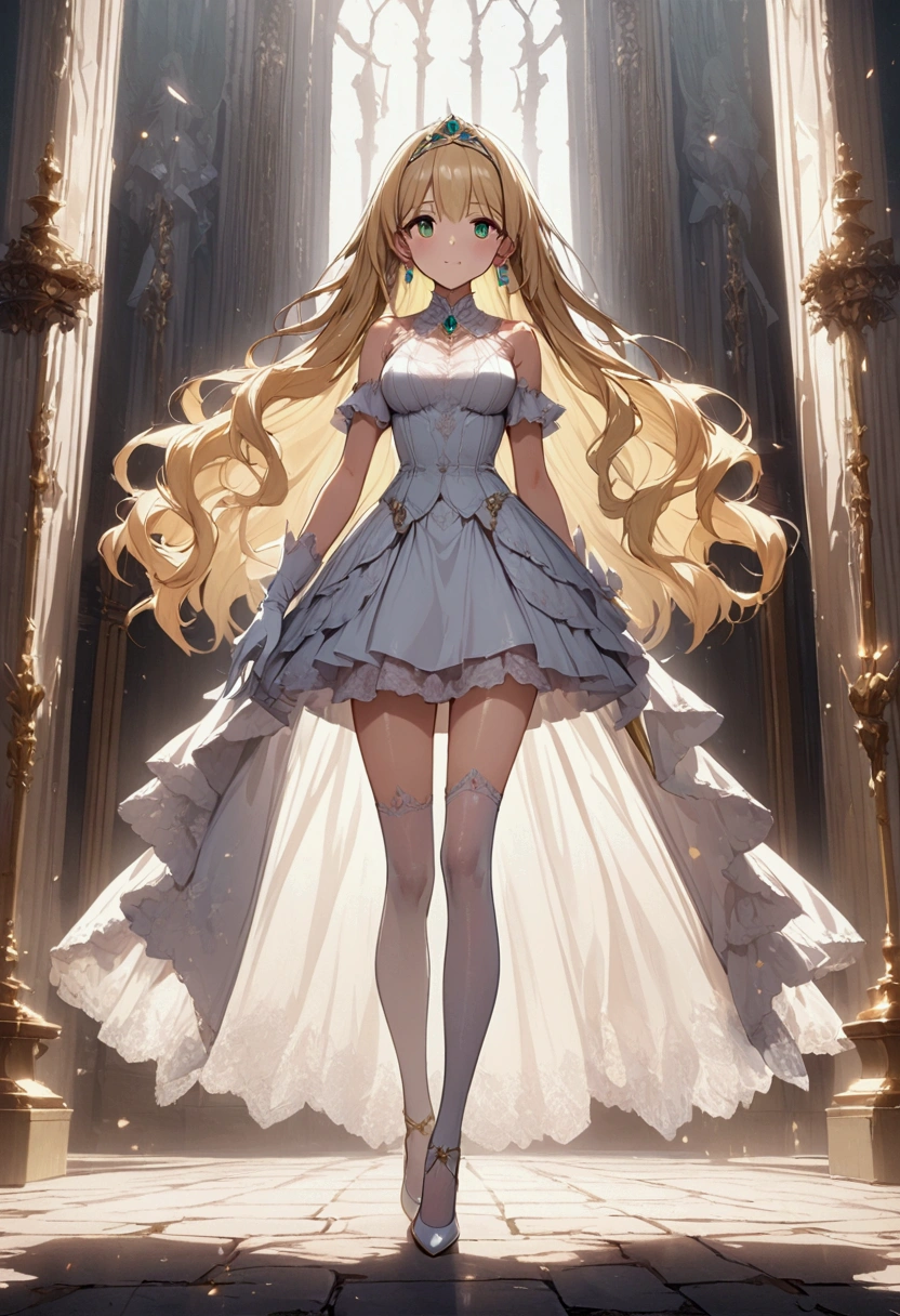 Anime-Serie. 1 Mädchen. süßes Mädchen. Prinzessin. Blonde. lange Haare. welliges Haar. grüne Augen. wunderschöne Augen. perfekte Augen. ausdrucksstarke Augen. Blinde Augen. Blind. ideales Gesicht. 16 Jahre. Sitzende Brust. schöne Brüste. Idealer anatomischer Körper. schöne lange Beine. Luxuriöses weißes Kleid. weiße Strümpfe. Schuhen mit hohen Absätzen. Weißer Stock. Diadem. Perlenkette. Hübsche Ohrringe. Weiße Handschuhe. in voller Höhe stehen. Sie steht auf der Straße. Steht im königlichen Garten. Wunderschönes Charakterdesign. Glänzende Haut. Ganzkörper. Offizielle Kunst. extrem detailliertes CG Unity 8k-Hintergrundbild. Ideale Beleuchtung. Ultrahohe Auflösung 4K. Superdetailliertes 8K. Eine hohe Auflösung.