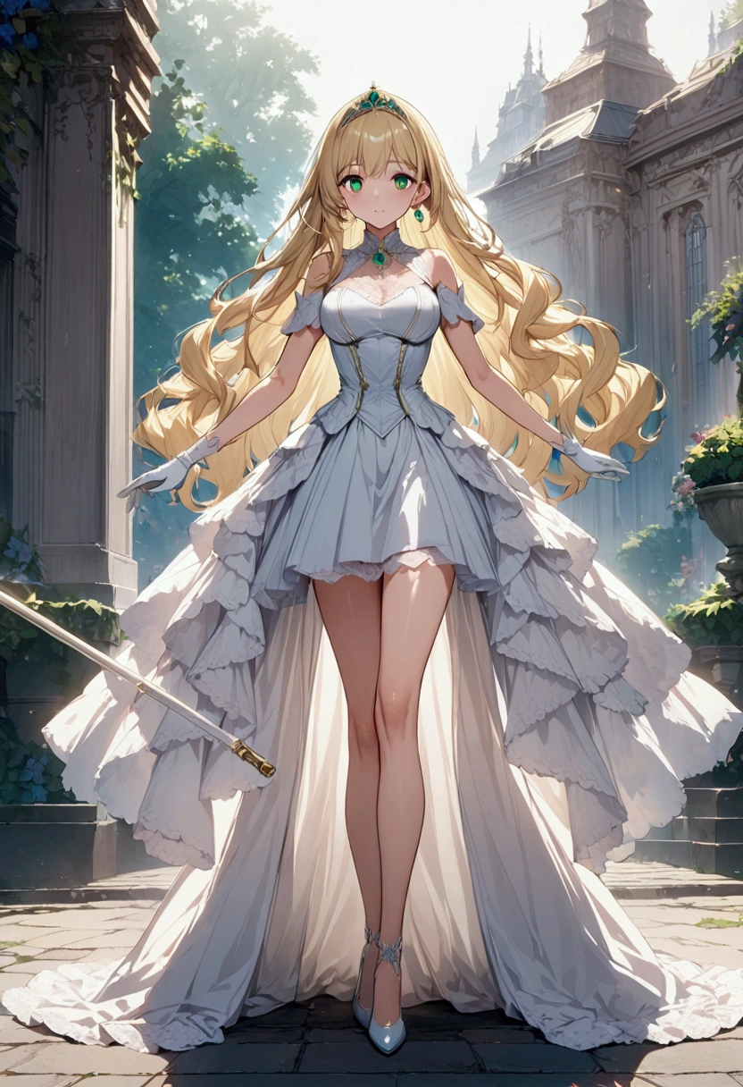 Anime-Serie. 1 Mädchen. süßes Mädchen. Prinzessin. Blonde. lange Haare. welliges Haar. grüne Augen. wunderschöne Augen. perfekte Augen. ausdrucksstarke Augen. Blinde Augen. Blind. ideales Gesicht. 16 Jahre. Sitzende Brust. schöne Brüste. Idealer anatomischer Körper. schöne lange Beine. Luxuriöses weißes Kleid. weiße Strümpfe. Schuhen mit hohen Absätzen. Weißer Stock. Diadem. Perlenkette. Hübsche Ohrringe. Weiße Handschuhe. in voller Höhe stehen. Sie steht auf der Straße. Steht im königlichen Garten. Wunderschönes Charakterdesign. Glänzende Haut. Ganzkörper. Offizielle Kunst. extrem detailliertes CG Unity 8k-Hintergrundbild. Ideale Beleuchtung. Ultrahohe Auflösung 4K. Superdetailliertes 8K. Eine hohe Auflösung.