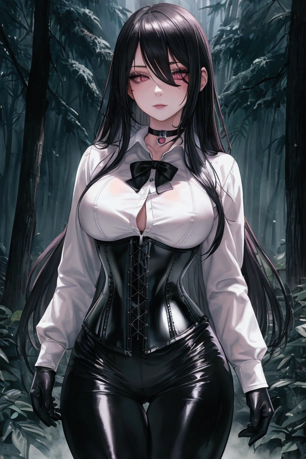 Masterpiece, Beautiful art, professional artist, 8k, Very detailed face, Detailed clothing, detailed fabric, 1 girl, View from the front, standing, pose sexy, BIG BREASTS, perfectly drawn body, shy expression, pale skin, beautiful face, long black hair, 4k eyes, very detailed eyes, pink cheeks, choker:1.6, (white long sleeve button down shirt with white collar), black gloves, gloves that cover hands, (black leather corset), (shiny black leggings), Sensual Lips, show details in the eyes, dark forest, Atmosphere, fog, At night