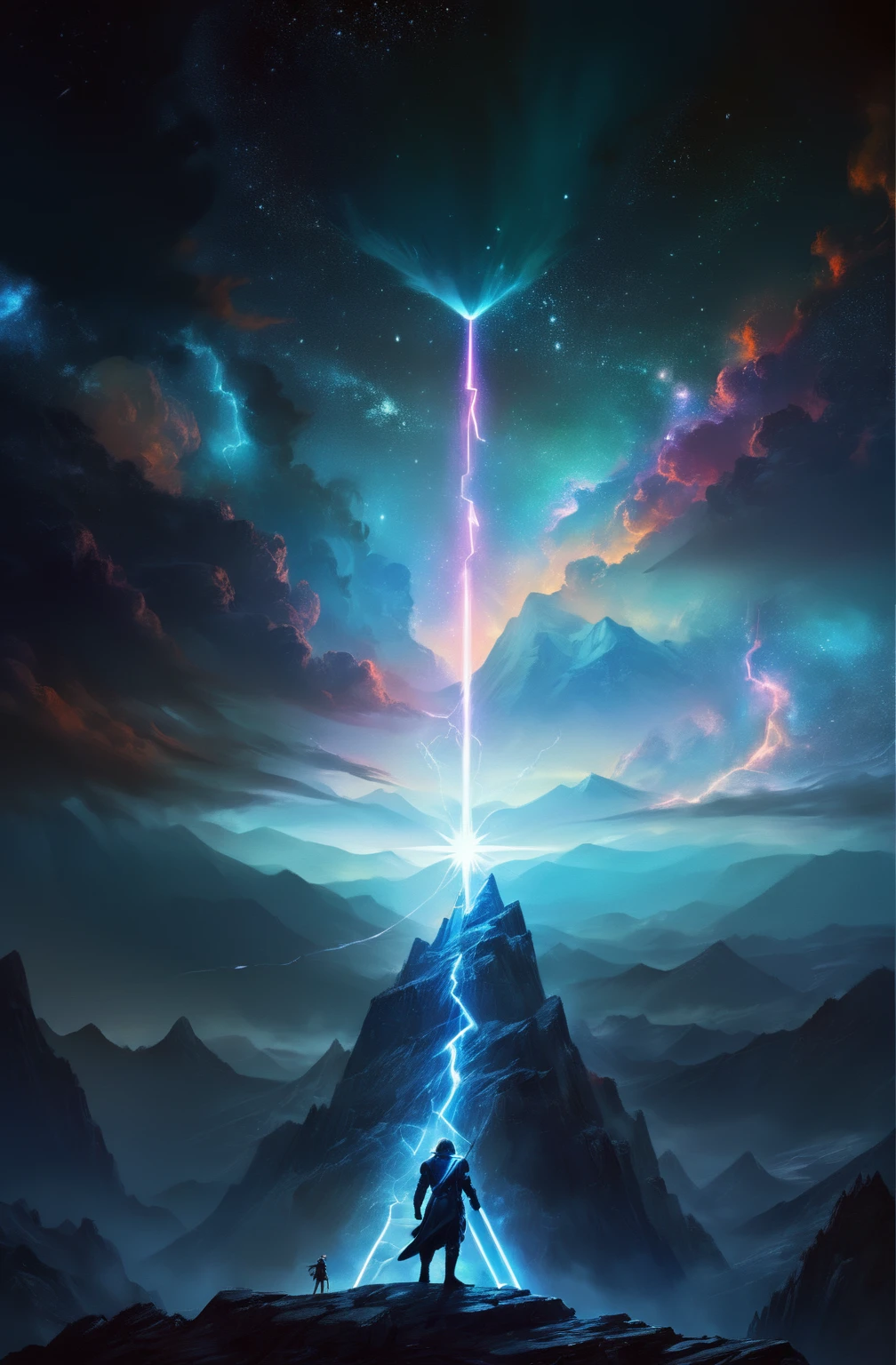 there is a man standing on a mountain with a star in the sky, artgem and beeple masterpiece, beeple artwork, beeple masterpiece, sci-fi digital art, sci-fi magic highly detailed, interdimensional lightning, beeple and tim hildebrandt, sci-fi digital art illustration, beeple art