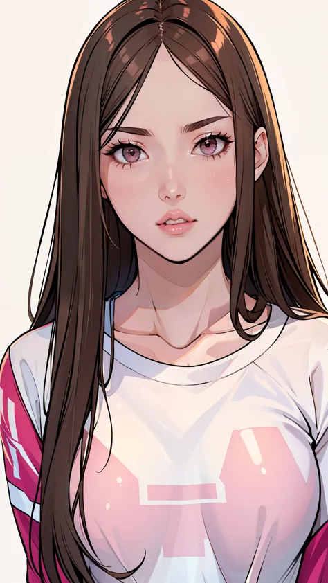 girl, long straight brown hair, brown eyes, sharp features, white skin, bright pink lips, perfect, t-shirt, jacket