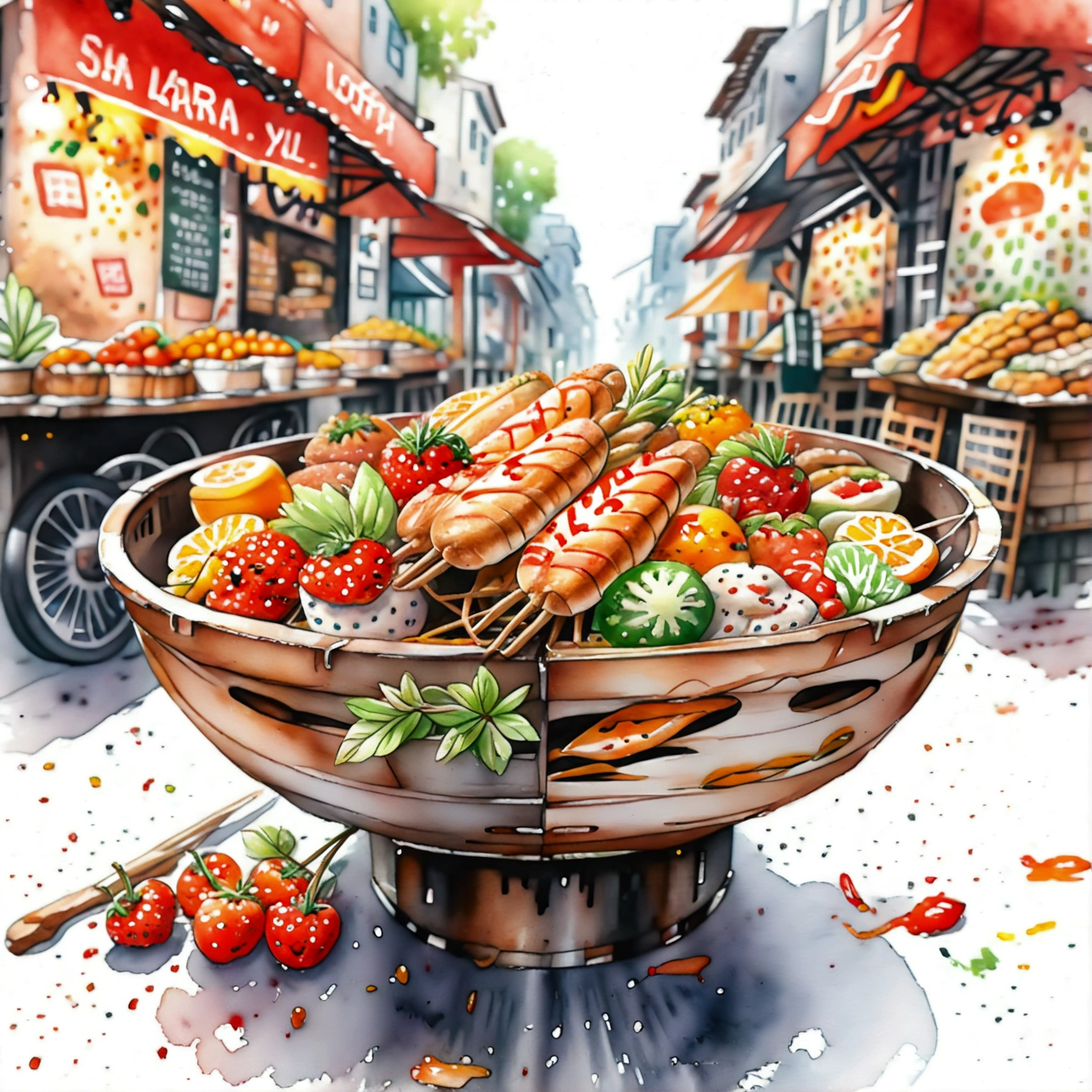 Puesto de comida callejera con comida sana, ilustración, aislado con fondo blanco sólido, rodeado de espacio negativo, composición centrada, 8K, pintura más detallada, pintura muy precisa, aislado, fondo blanco sólido claro, ángulo de visión en perspectiva, estilo de dibujos animados, ((acuarela:1)), Clipart, (lora:agregar-detalle-xl:1.5), (obra maestra), (mejor calidad),