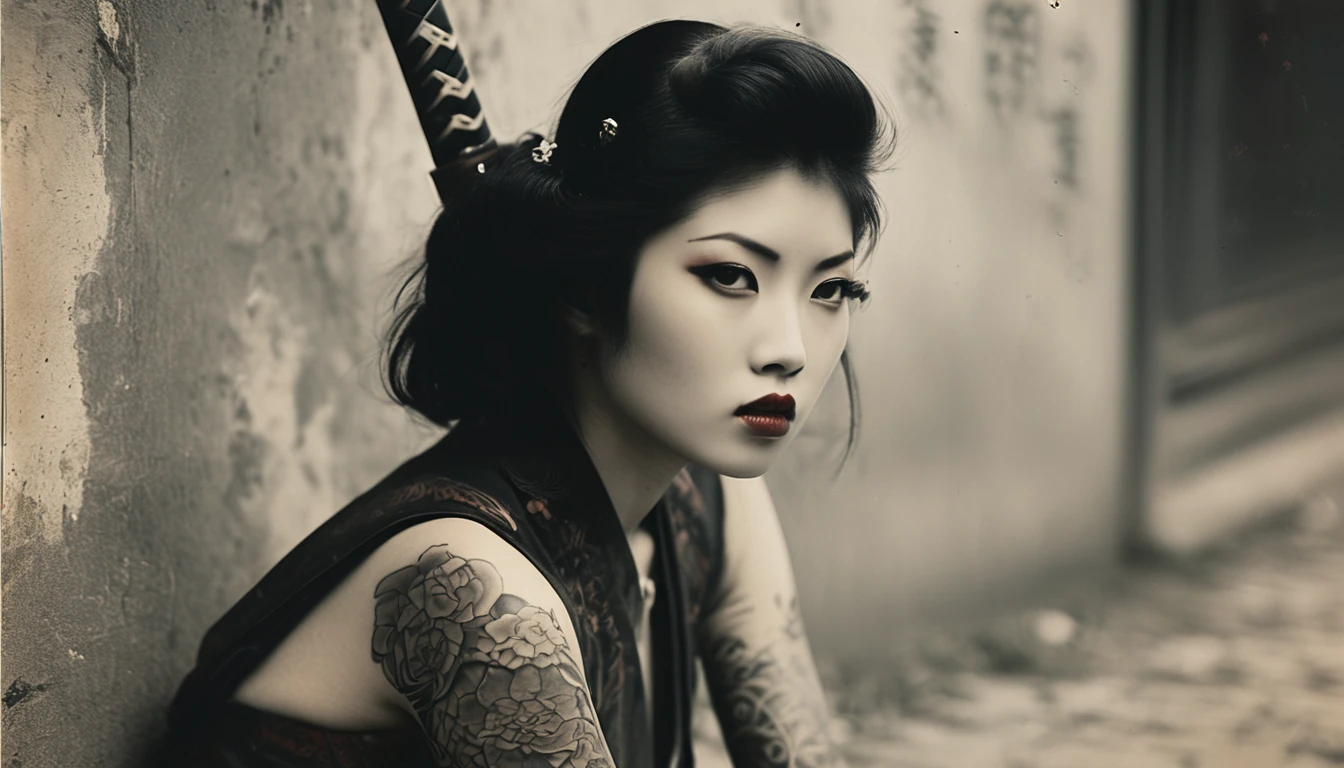 Foto antigua de 35 mm. , Mujer Arafed con espada y tatuaje sentada en el suelo, slim yakuza girl, katanas atadas a su espalda, tatuajes orientales, ella sostiene una espada katana, mujer samurái, Tatuaje de Yakuza en el cuerpo., de una chica taiwanesa con tatuajes, tatuajes de cuerpo completo, tatuajes de cuerpo completo, Detrás de ella, un arma de asta coreana decorada., Tatuaje de geisha ,bokeh, Profesional