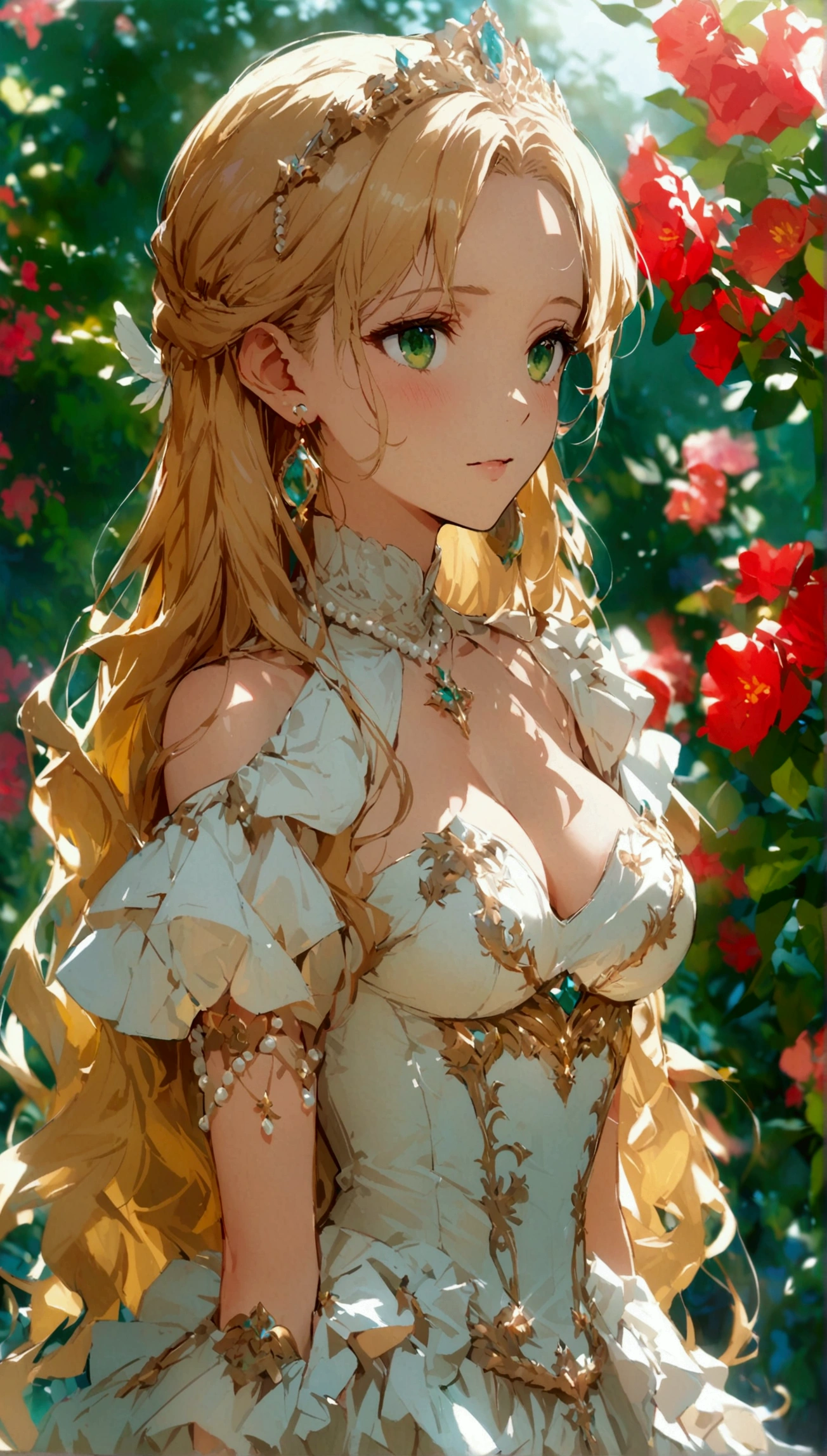 Anime. 1 Girl. Cute girl. Princess. Blonde. Long hair. Wavy hair. Green eyes. Beautiful eyes. Perfect eyes. Expressive eyes. Blind eyes. Blind. Ideal face. 16 years. Sitting chest. Beautiful breasts. Ideal anatomical body. Beautiful long legs. Luxurious white dress. White stockings. High heel shoes. White cane. Diadem. Pearl necklace. Neat earrings. White gloves. ColdStanding at full height. She is standing on the street. Stands in the royal garden. Beautiful character design. Shiny skin. Full body. Official
art. Extremely detailed CG Unity 8k wallpaper. Ideal lighting. Ultra high resolution 4K. Super detailed 8K. A high resolution.