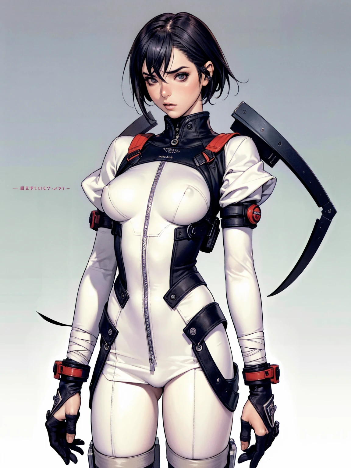 (((Annie Lennox))), ((( transparent suit ))), (((bandaged arms))), ((high collar)), (((Ryuko Matoi))), (((micro skirt with vertical seams))), (((best qualityer: 1.4))), (Unbeatable masterpiece), (hiper HD),(CG 8k hyper-realistic), (((brave face))), (((breasts big))), (((hyper feminine))), sexly girl, Thor,（black bob hair)), ((( sculptural body ))), (((1 Kizi))), Kizi cibernética de 25 anos com perfectbody,,Beautiful and well-groomed face,muscular body:1.2,solid color detailed jacket, (Head to thigh photos), Complex equipment, green dark，long pants，Tight clothes are dark，With white stars and off-white stripes,,,,,Armor Metal Electronic Parts) INFO, Kizi, (((standing alone))), pirralha violent, ((())), sexly, pose de atitude, work of art, post-apocalypse, (((manga style))), bounty hunter, violent, Manic, the way you want, slenderbody, thin but strong, perfectbody, roupa moderna, advanced technology, neon, sleeves with vertical striped pattern, neutral background, (( cowboy shot )). intricate visual