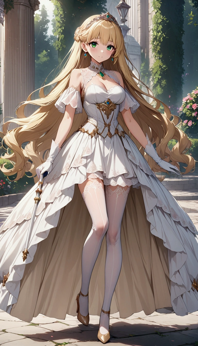 Anime. 1 Girl. Cute girl. Princess. Blonde. Long hair. Wavy hair. Green eyes. Beautiful eyes. Perfect eyes. Expressive eyes. Blind eyes. Blind. Ideal face. 16 years. Sitting chest. Beautiful breasts. Ideal anatomical body. Beautiful long legs. Luxurious white dress. White stockings. High heel shoes. White cane. Diadem. Pearl necklace. Neat earrings. White gloves. Standing at full height. She is standing on the street. Stands in the royal garden. Beautiful character design. Shiny skin. Full body. Official
art. Extremely detailed CG Unity 8k wallpaper. Ideal lighting. Ultra high resolution 4K. Super detailed 8K. A high resolution.