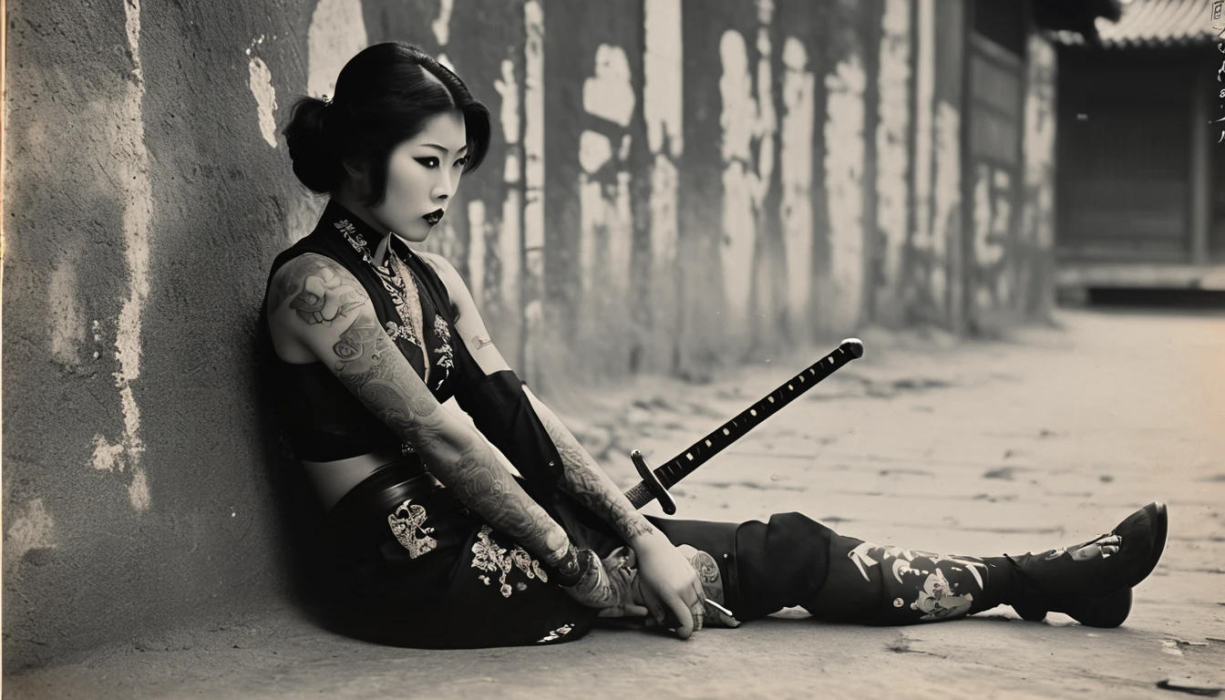 Foto antigua de 35 mm. , Mujer americana con espada y tatuaje sentada en el suelo, slim yakuza girl, katanas atadas a su espalda, tatuajes orientales, ella sostiene una espada katana, mujer samurái, Tatuaje de Yakuza en el cuerpo., de una chica taiwanesa con tatuajes, tatuajes de cuerpo completo, tatuajes de cuerpo completo, Detrás de ella, un arma de asta coreana decorada., Tatuaje de geisha ,bokeh, Profesional