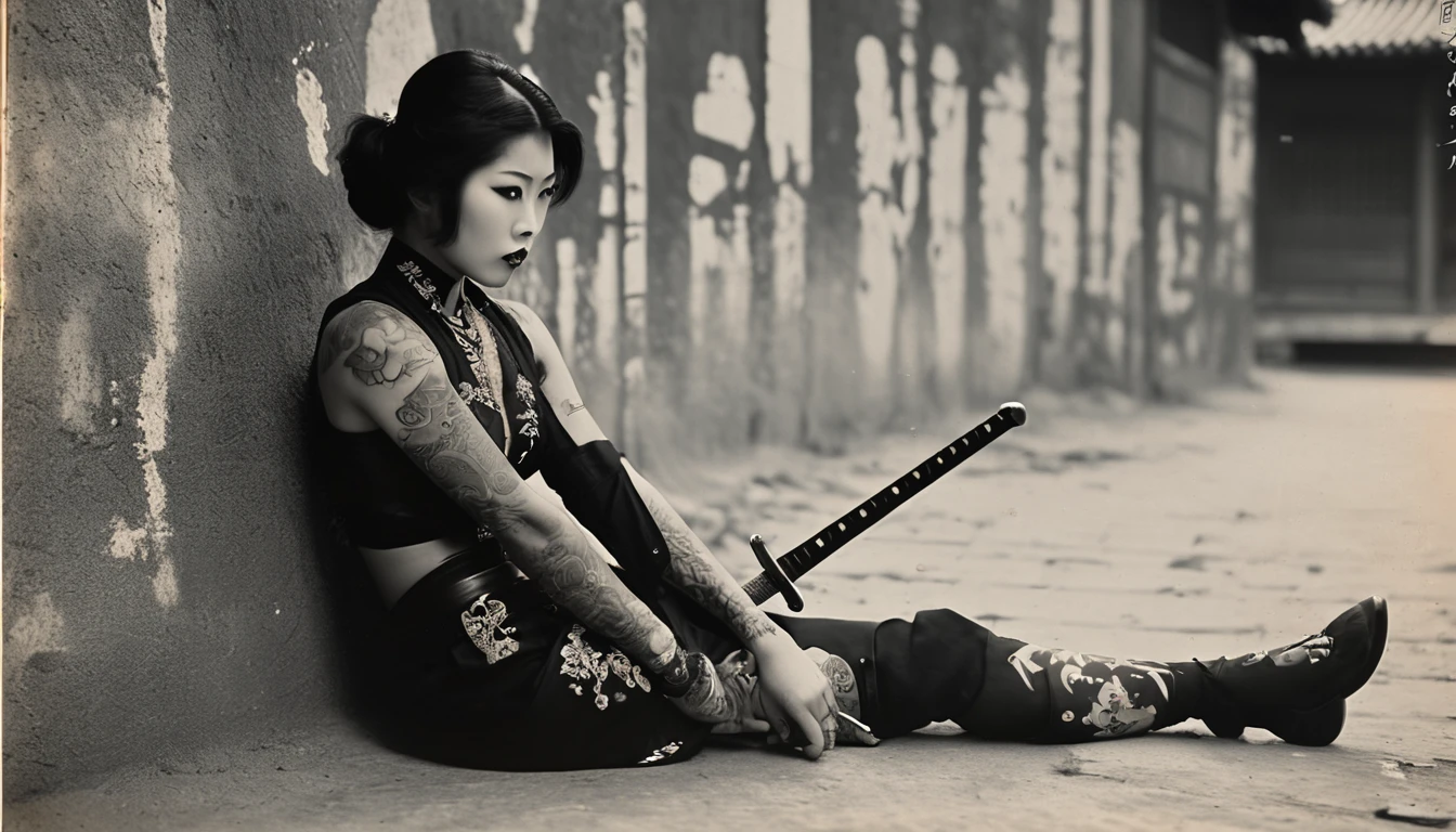 photo d&#39;époque 35 mm , Une femme américaine avec une épée et un tatouage assise par terre, fille yakuza mince, des katanas attachés à son dos, Tatouages orientaux, Elle tient une épée katana, femme samouraï, Tatouage de yakuza sur le corps, d&#39;une fille taïwanaise avec des tatouages, Tatouages sur tout le corps, Tatouages sur tout le corps, derrière elle une arme d&#39;hast coréenne décorée, tatouage de geisha ,bokeh, professionnel