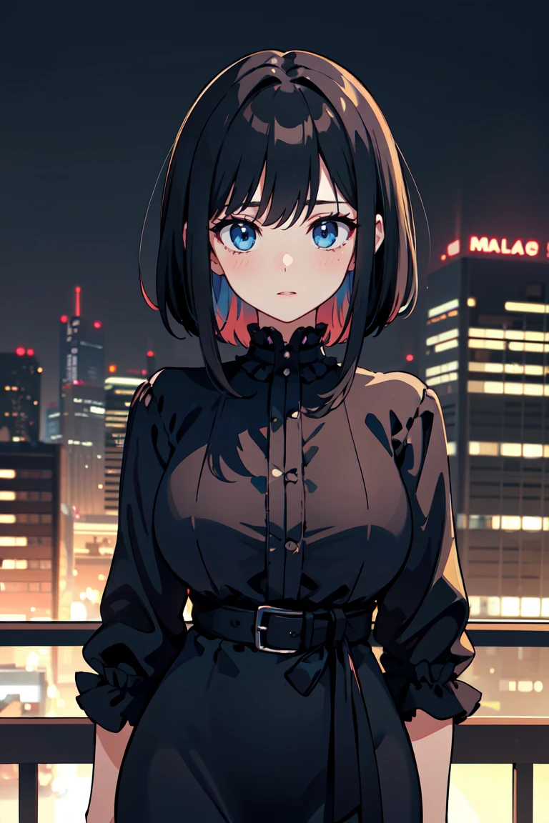 masterpiece, best quality, highly detailed background, perfect lighting, best quality, (extremely detailed face), volumetric lighting, intricate details, shadow, tonemapping, sharp focus, hyper detailed, trending on Artstation, (solo) ((Looking at the viewer)), ((city night background)) .Girl with medium black  hair.  Blue eyes. curvy. Blush, Clear skin.  Big bust. ((black, Goth, casual, clothes)) Gothic dressed 