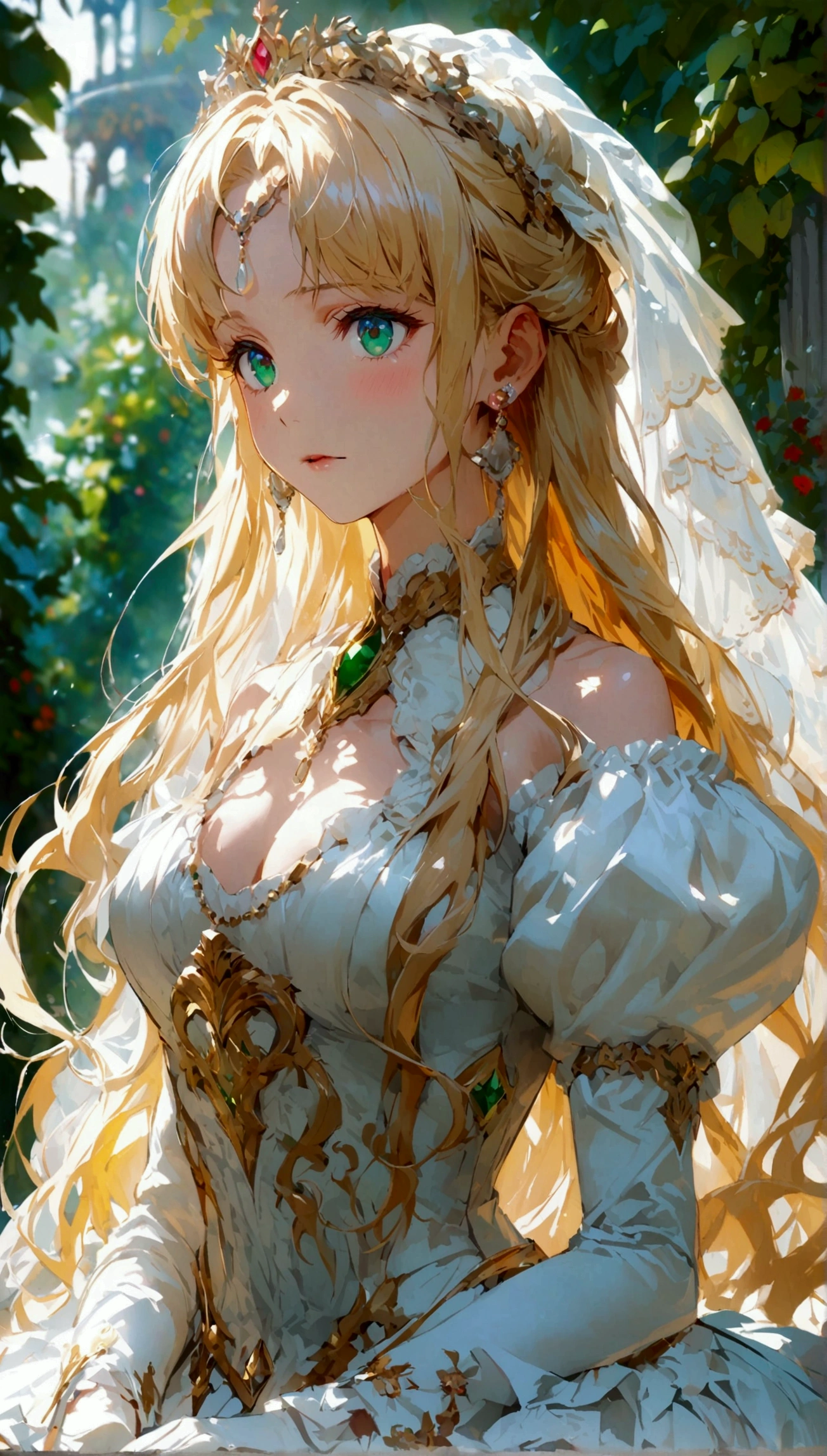 Anime. 1 Girl. Cute girl. Princess. Blonde. Long hair. Wavy hair. Green eyes. Beautiful eyes. Perfect eyes. Expressive eyes. Blind eyes. Blind. Ideal face. 16 years. Sitting chest. Beautiful breasts. Ideal anatomical body. Beautiful long legs. Luxurious white dress. White stockings. High heel shoes. White cane. Diadem. Pearl necklace. Neat earrings. White gloves. ColdStanding at full height. She is standing on the street. Stands in the royal garden. Beautiful character design. Shiny skin. Full body. Official
art. Extremely detailed CG Unity 8k wallpaper. Ideal lighting. Ultra high resolution 4K. Super detailed 8K. A high resolution.