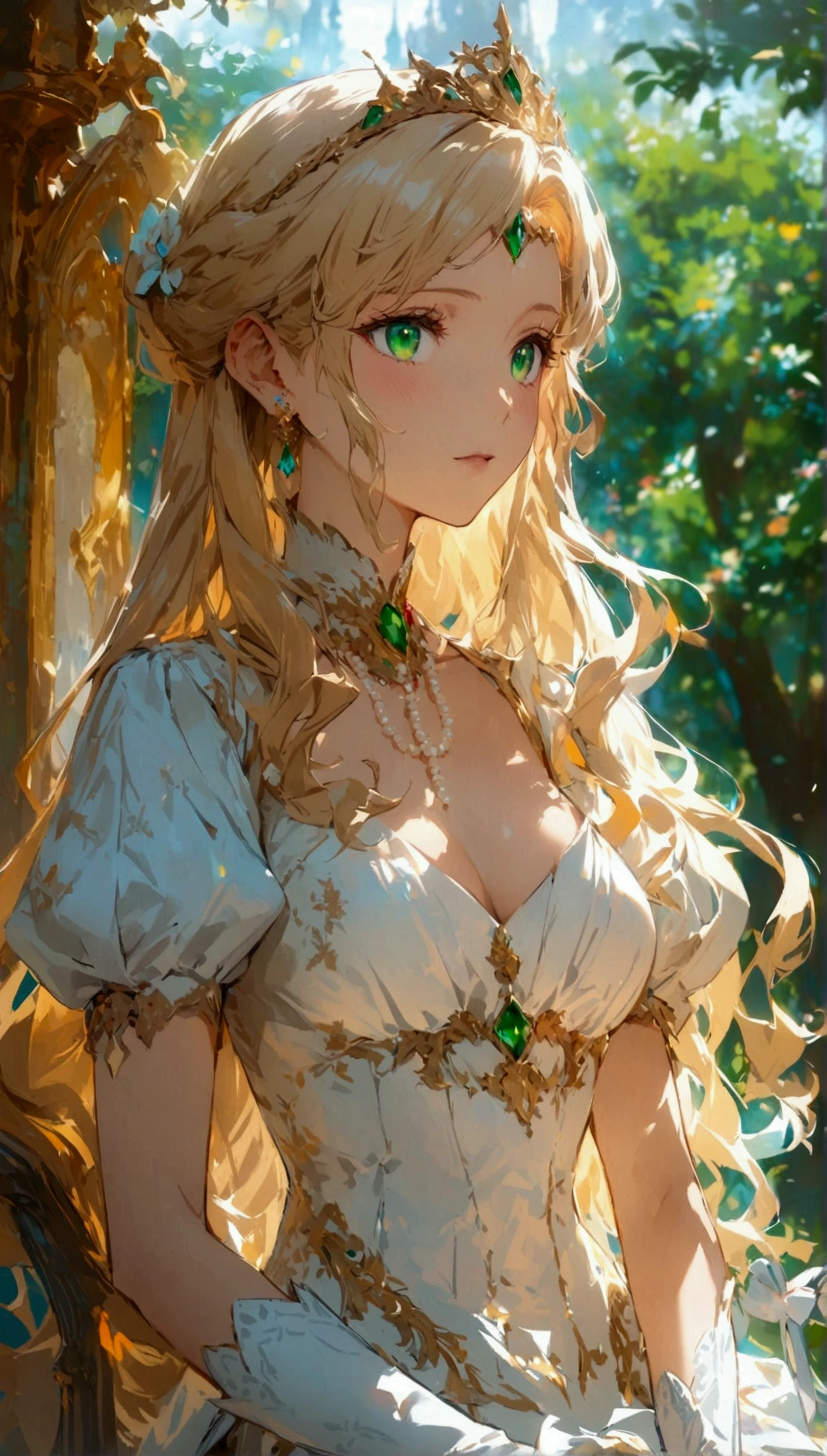 Anime. 1 Girl. Cute girl. Princess. Blonde. Long hair. Wavy hair. Green eyes. Beautiful eyes. Perfect eyes. Expressive eyes. Blind eyes. Blind. Ideal face. 16 years. Sitting chest. Beautiful breasts. Ideal anatomical body. Beautiful long legs. Luxurious white dress. White stockings. High heel shoes. White cane. Diadem. Pearl necklace. Neat earrings. White gloves. ColdStanding at full height. She is standing on the street. Stands in the royal garden. Beautiful character design. Shiny skin. Full body. Official
art. Extremely detailed CG Unity 8k wallpaper. Ideal lighting. Ultra high resolution 4K. Super detailed 8K. A high resolution.