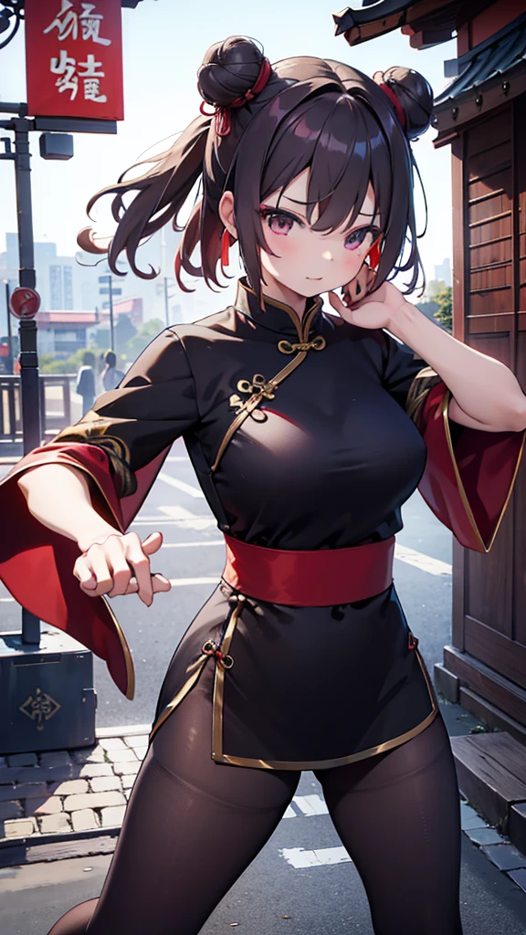 现代Fondo urbano，Fondo urbano，fondo de la calle，tiempo de día ，luz de sol，estilo cheongsam，Estilos de artes marciales，Chica de artes marciales，Estilo chino，Cabeza de bola，Cabeza de bola，cheongsam，cheongsam，Vestido cheongsam con abertura alta，黑色丝绸medias，medias，medias，mono，Medias negras，dobladillo cheongsam，dobladillo cheongsam，frente de la bata，Dobladillo de la bata，postura de lucha，postura de lucha，postura de combate