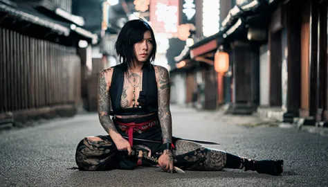 35mm vintage street photo of Arafed woman with a sword and tattoo sitting on the ground, slim yakuza girl, katanas strapped to h...