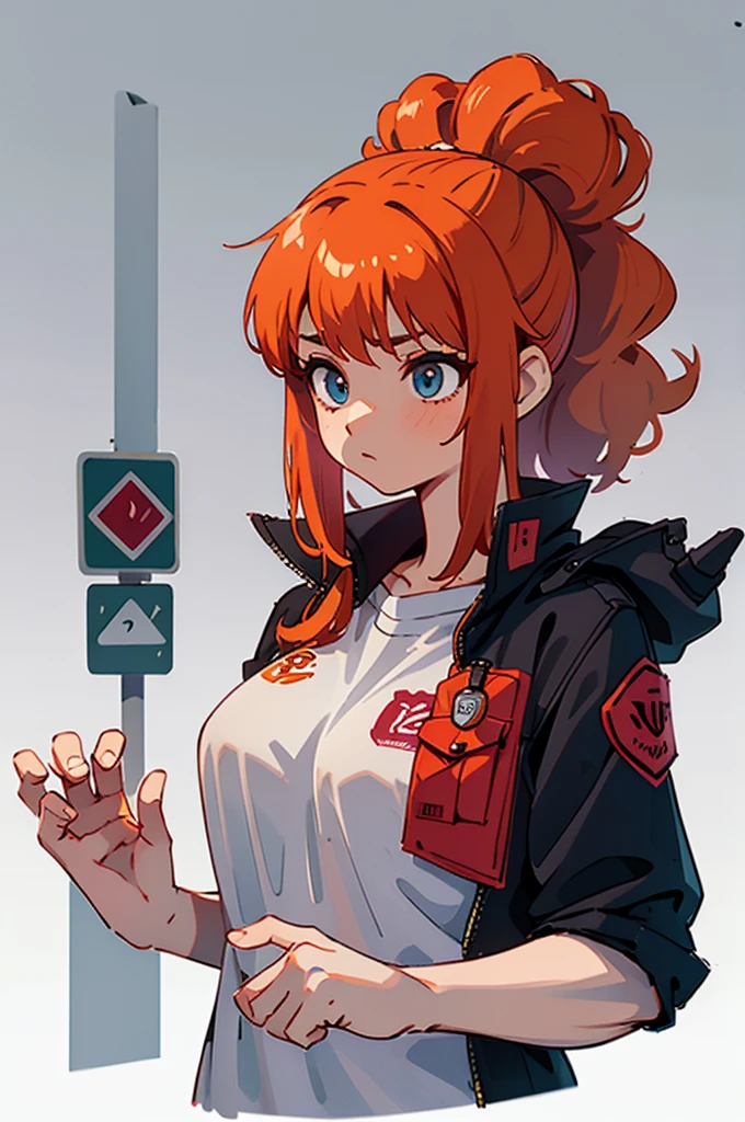 (masterpiece:1.2, best quality),(1lady,alone,upper body:1.2),tall girl, red hair tied in a ponytail,Female anatomical drawing,Middle side,Muscle fibers,gray background,artwork conceptual,road signage, city,cyberpunk,hands in pocket,curly hair,orange hair,dark blue iris,medium breasts,