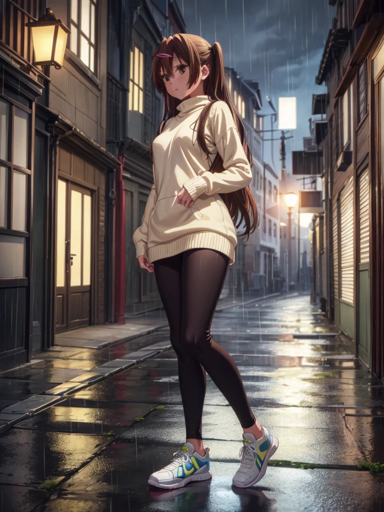 Girl, Sweater dress,Leggings,  Bare breasts, chest visible, street  background, Narrow passage between houses, night, rain, slim body, In full growth, Sneakers, small breast