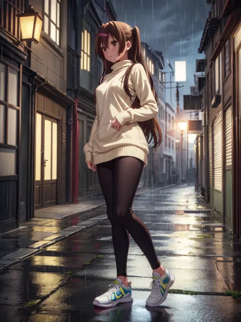 girl, sweater dress,leggings,  bare breasts, chest visible, street  background, narrow passage between houses, night, rain, slim...