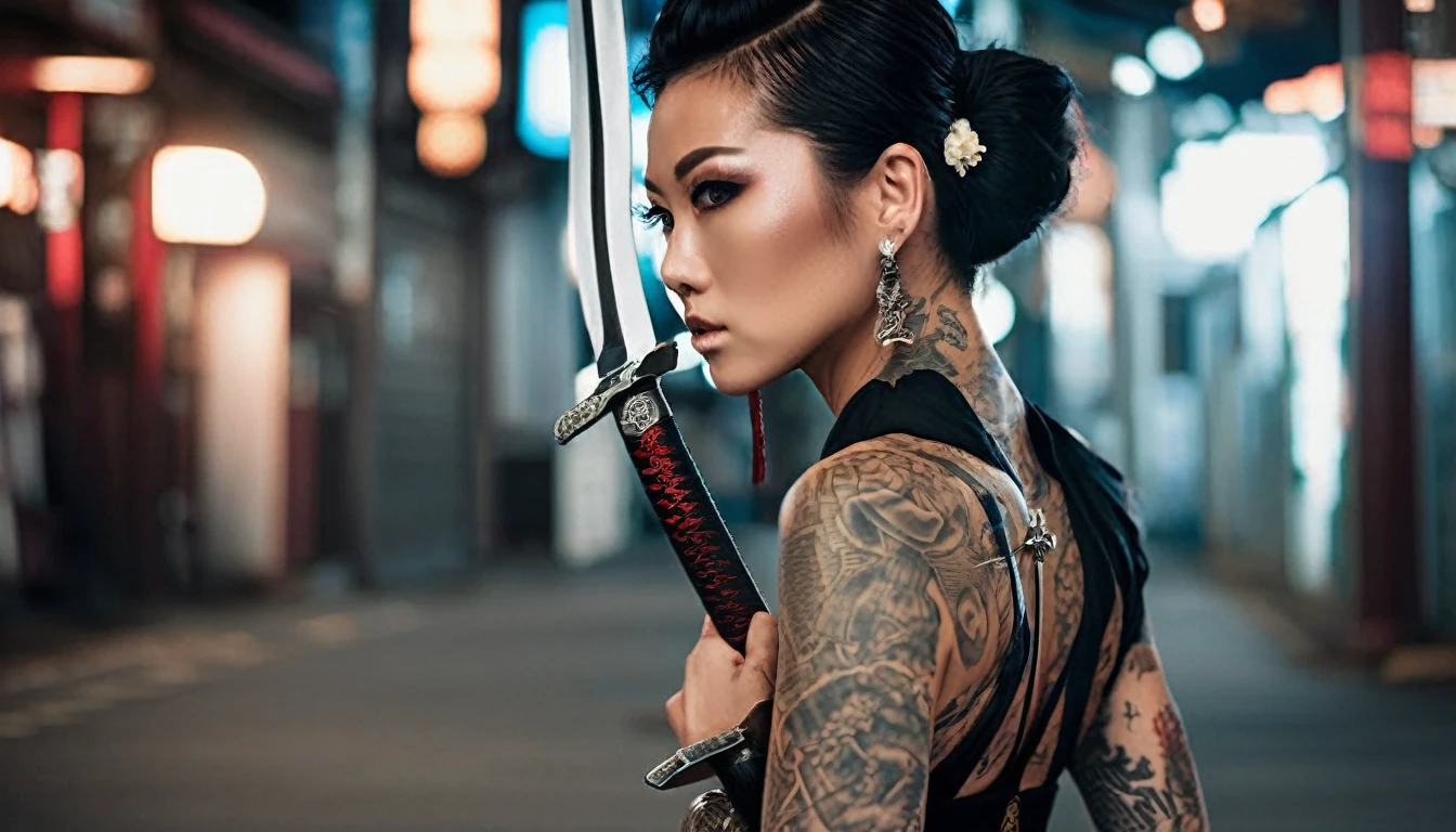 35mm vintage street photo of very beautiful lady with a sword and tattoo, slim yakuza girl, katanas strapped to her back, Oriental tattoos, She holds a katana sword, female samurai, Yakuza tattoo on the body, of a Taiwanese girl with tattoos, Full body tattoos, Full body tattoos, behind her a decorated Korean pole weapon, Geisha tattoo ,bokeh, professional