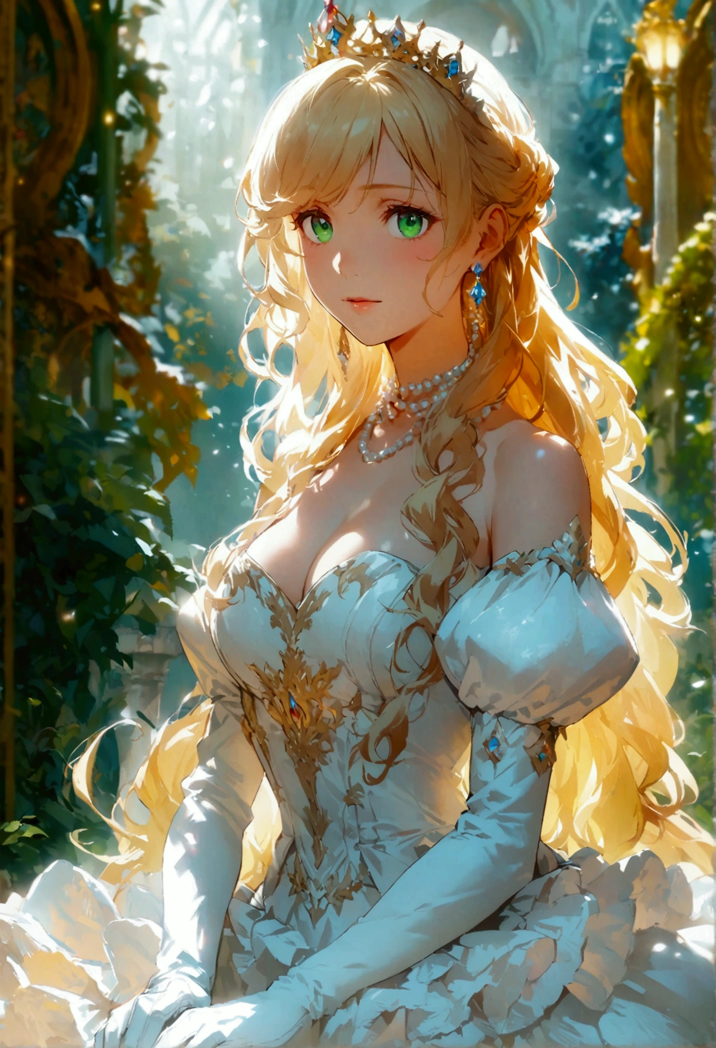 anime. 1 Girl. pretty girl. Princess. blonde. Long Hair. Wavy Hair. Green Eyes. Beautiful Eyes. Perfect Eyes. Expressive eyes. Blind eyes. Blind. The Ideal Face. 16 years. Sitting chest. Beautiful breasts. Ideal Anatomy. Beautiful long legs. Luxurious white dress. White Stockings. High heel shoes. White cane. crown. Pearl Necklace. Neat earrings. White gloves. Standing tall in the cold. she is standing on the street. Standing in the palace gardens. Beautiful character design. Shiny skin. whole body. Official Art. Highly detailed CG Unity 8k wallpaper. Ideal lighting. 超High resolution4K. Ultra high definition 8K. High resolution.