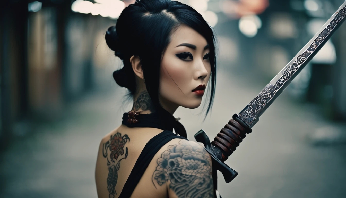 35-mm-Vintage-Foto , Eine wunderschöne Frau mit einem Schwert und einem Tattoo sitzt auf dem Boden., schlankes Yakuza-Mädchen, Katanas auf dem Rücken festgeschnallt, orientalische Tätowierungen, Sie hält ein Katana-Schwert, weibliche Samurai, Yakuza-Tattoo am Körper, eines taiwanesischen Mädchens mit Tattoos, Ganzkörpertattoos, Ganzkörpertattoos, hinter ihr eine verzierte koreanische Stangenwaffe, Geisha-Tätowierung, gangster hand sign, bokeh, Fachmann