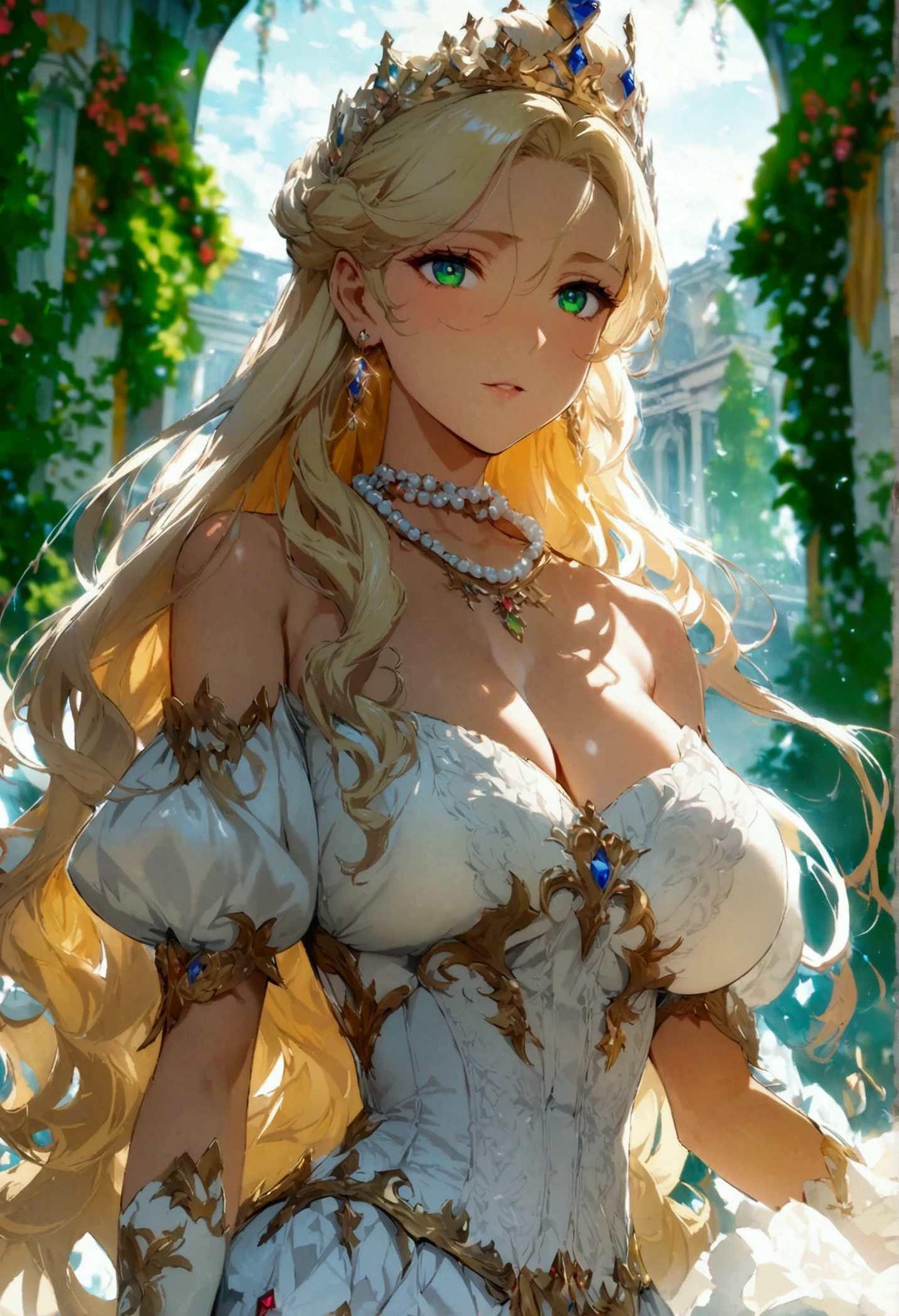 anime. 1 Girl. pretty girl. Princess. blonde. Long Hair. Wavy Hair. Green Eyes. Beautiful Eyes. Perfect Eyes. Expressive eyes. Blind eyes. Blind. The Ideal Face. 16 years. Sitting chest.((Huge breasts)). Ideal Anatomy. Beautiful long legs. Luxurious white dress. White Stockings. High heel shoes. White cane. crown. Pearl Necklace. Neat earrings. White gloves. Standing tall in the cold. she is standing on the street. Standing in the palace gardens. Beautiful character design. Shiny skin. whole body. Official Art. Highly detailed CG Unity 8k wallpaper. Ideal lighting. 超High resolution4K. Ultra high definition 8K. High resolution.Panty flashing