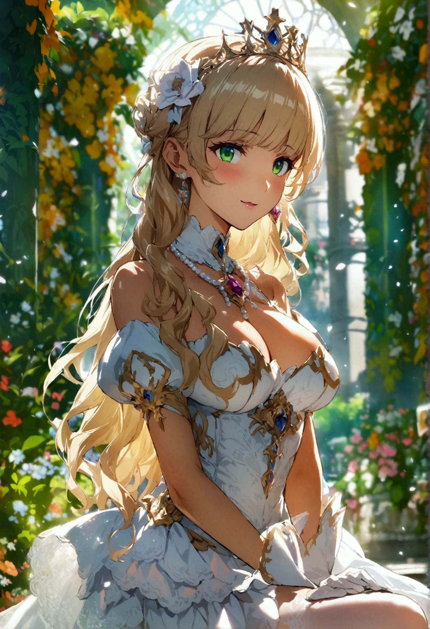 anime. 1 Girl. pretty girl. Princess. blonde. Long Hair. Wavy Hair. Green Eyes. Beautiful Eyes. Perfect Eyes. Expressive eyes. Blind eyes. Blind. The Ideal Face. 16 years. Sitting chest.((Huge breasts)). Ideal Anatomy. Beautiful long legs. Luxurious white dress. White Stockings. High heel shoes. White cane. crown. Pearl Necklace. Neat earrings. White gloves. Standing tall in the cold. she is standing on the street. Standing in the palace gardens. Beautiful character design. Shiny skin. whole body. Official Art. Highly detailed CG Unity 8k wallpaper. Ideal lighting. 超High resolution4K. Ultra high definition 8K. High resolution.Panty flashing