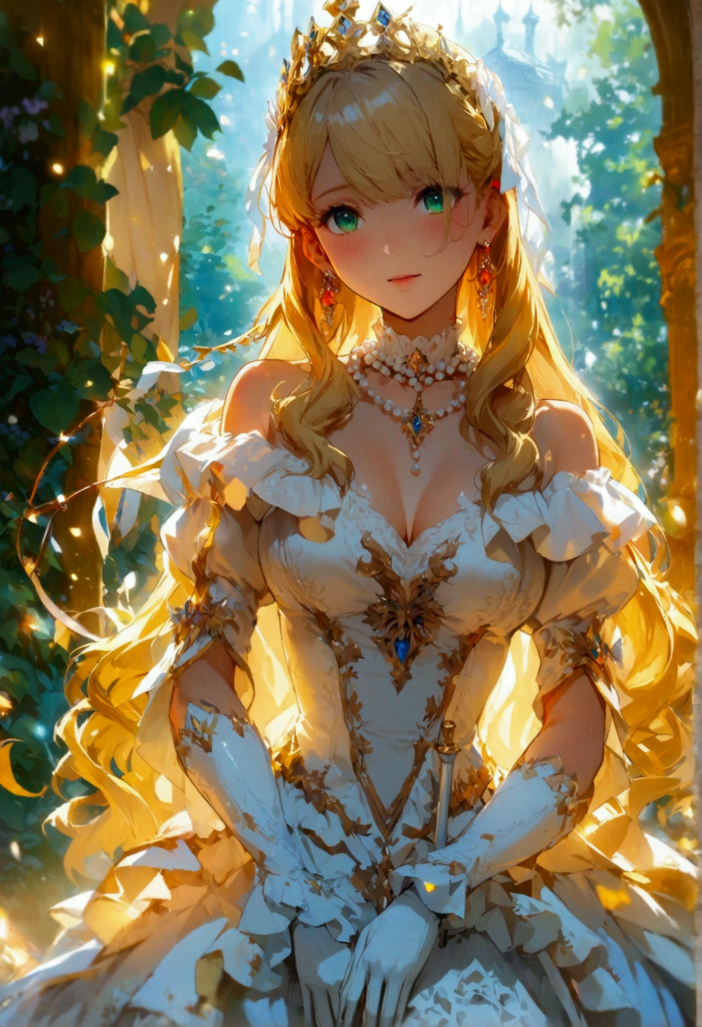 anime. 1 Girl. pretty girl. Princess. blonde. Long Hair. Wavy Hair. Green Eyes. Beautiful Eyes. Perfect Eyes. Expressive eyes. Blind eyes. Blind. The Ideal Face. 16 years. Sitting chest.Beautiful breasts. Ideal Anatomy. Beautiful long legs. Luxurious white dress. White Stockings. High heel shoes. White cane. crown. Pearl Necklace. Neat earrings. White gloves. Standing tall in the cold. she is standing on the street. Standing in the palace gardens. Beautiful character design. Shiny skin. whole body. Official Art. Highly detailed CG Unity 8k wallpaper. Ideal lighting. 超High resolution4K. Ultra high definition 8K. High resolution.Panty flashing