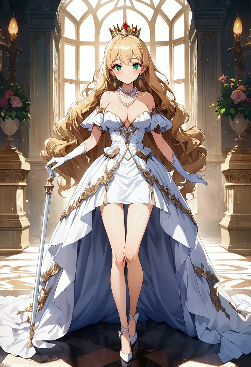 anime. 1 Girl. pretty girl. Princess. blonde. Long Hair. Wavy Hair. Green Eyes. Beautiful Eyes. Perfect Eyes. Expressive eyes. Blind eyes. Blind. The Ideal Face. 16 years. Sitting chest.Beautiful breasts. Ideal Anatomy. Beautiful long legs. Luxurious white dress. White Stockings. High heel shoes. White cane. crown. Pearl Necklace. Neat earrings. White gloves. Standing tall in the cold. she is standing on the street. Standing in the palace gardens. Beautiful character design. Shiny skin. whole body. Official Art. Highly detailed CG Unity 8k wallpaper. Ideal lighting. 超High resolution4K. Ultra high definition 8K. High resolution.Panty flashing