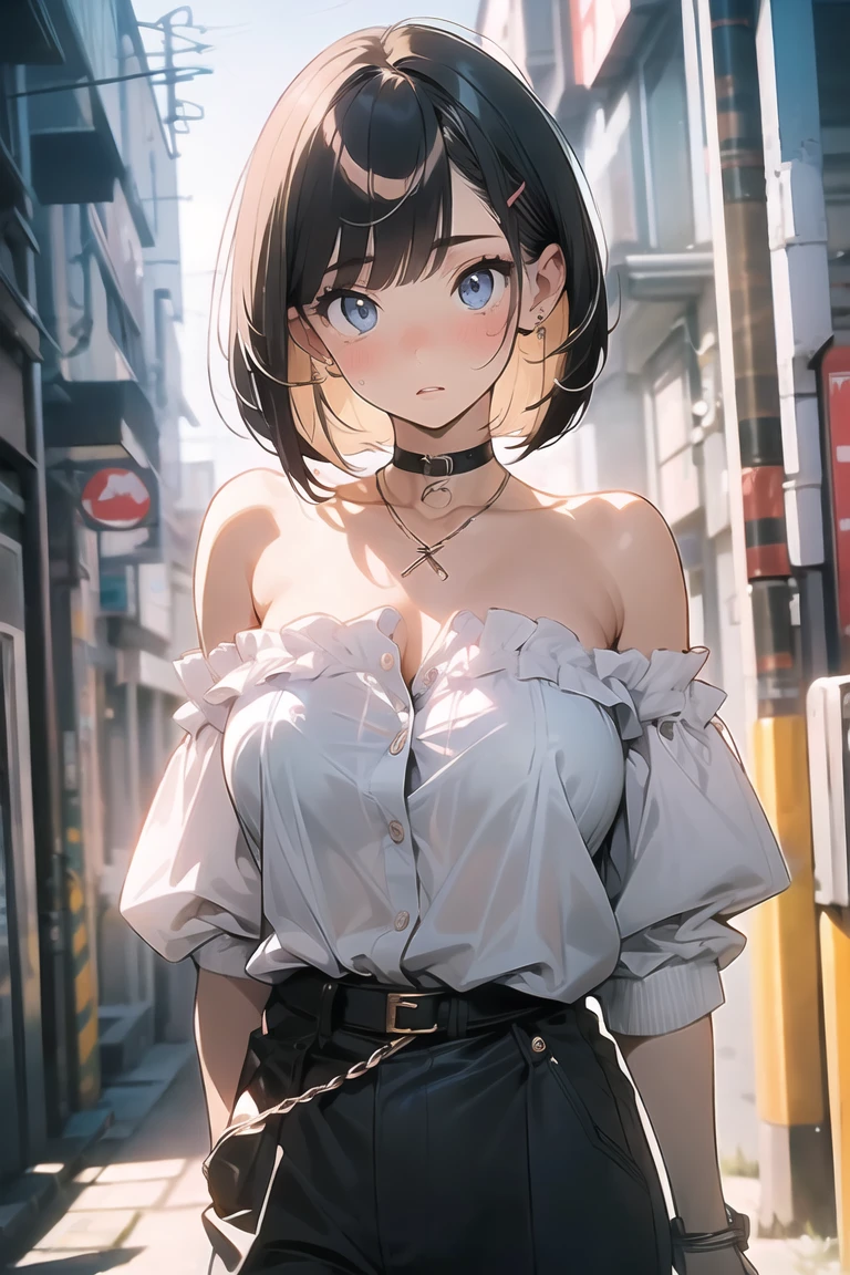 (best quality), (Super detailed), (Best Illustration), (masterpiece), score_9, score_8_up, score_7_up, (4k), (nsfw), (1woman), (full nude), (large breasts), {brown hair, (sideburns), (bob cut:1.3), curly hair, hairs between eyes, colored inner hair}, {(detailed eyes), heart-shaped pupils, blue eyes}, parted lips, embarrassed, nose blush, earring, sweat,