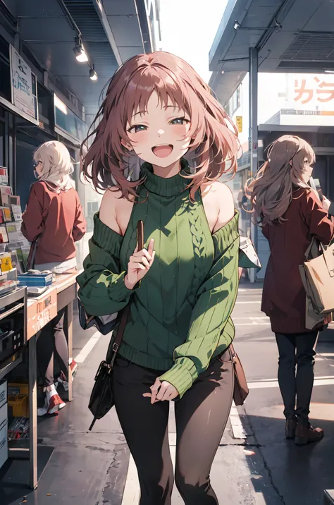 image of a girl anime character wearing a green sweater and black pants, one leg raised, laughing happily in front of a white ba...