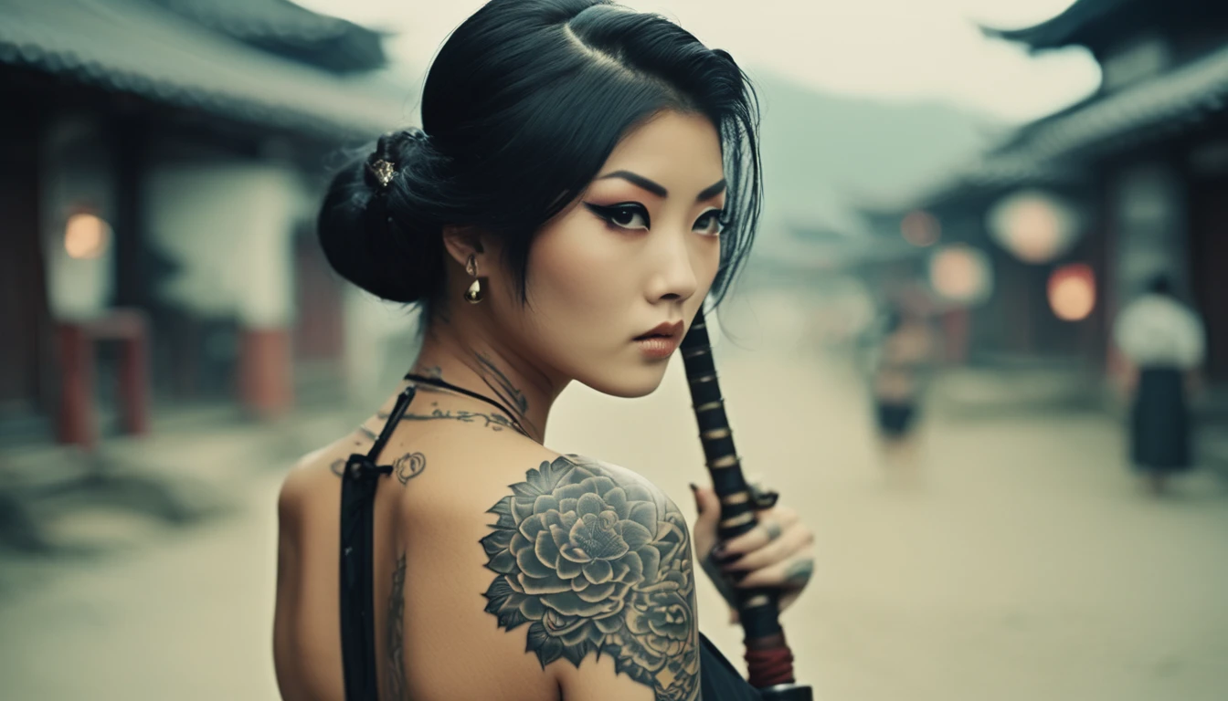 Foto vintage de 35 mm , Uma senhora muito fofa e bonita com tatuagem , garota yakuza magra, cabelo de samurai, tatuagens orientais, sinal de mão de ninja, Samurai Feminino, tatuagem de yakuza no corpo, de uma garota fofa com tatuagens tradicionais, tatuagens de corpo inteiro, tatuagens de corpo inteiro, atrás dela uma arma coreana decorada, tatuagem de gueixa ,Bokeh, profissional