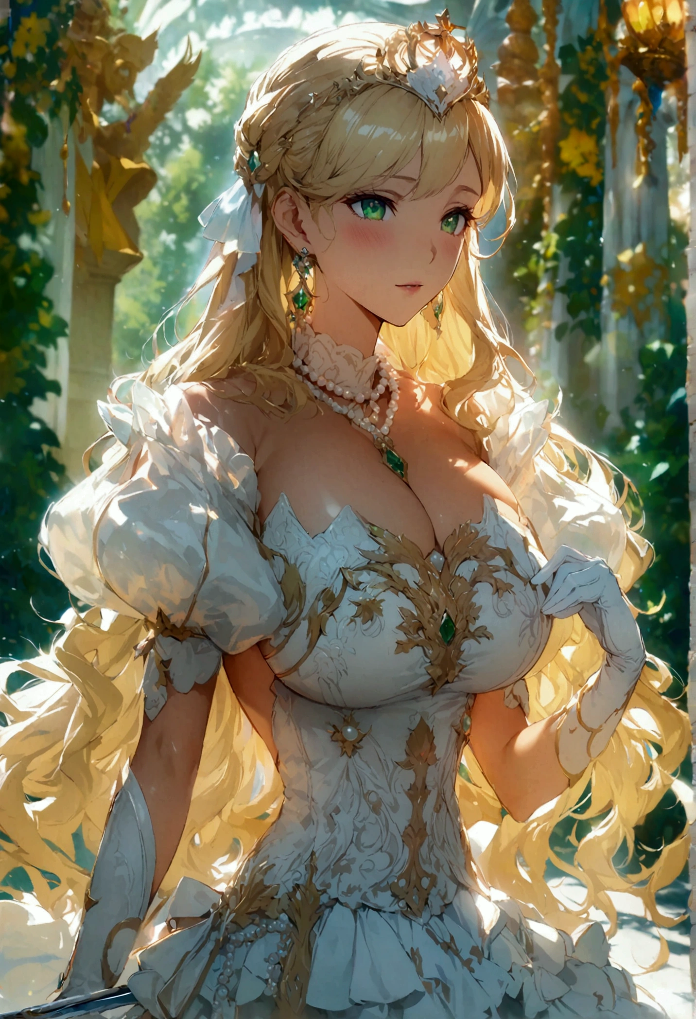 anime. 1 Girl. pretty girl. Princess. blonde. Long Hair. Wavy Hair. Green Eyes. Beautiful Eyes. Perfect Eyes. Expressive eyes. Blind eyes. Blind. The Ideal Face. 16 years. Sitting chest.((Huge breasts)). Ideal Anatomy. Beautiful long legs. Luxurious white dress. White Stockings. High heel shoes. White cane. crown. Pearl Necklace. Neat earrings. White gloves. Standing tall in the cold. she is standing on the street. Standing in the palace gardens. Beautiful character design. Shiny skin. whole body. Official Art. Highly detailed CG Unity 8k wallpaper. Ideal lighting. 超High resolution4K. Ultra high definition 8K. High resolution.Panty flashing,NSFW