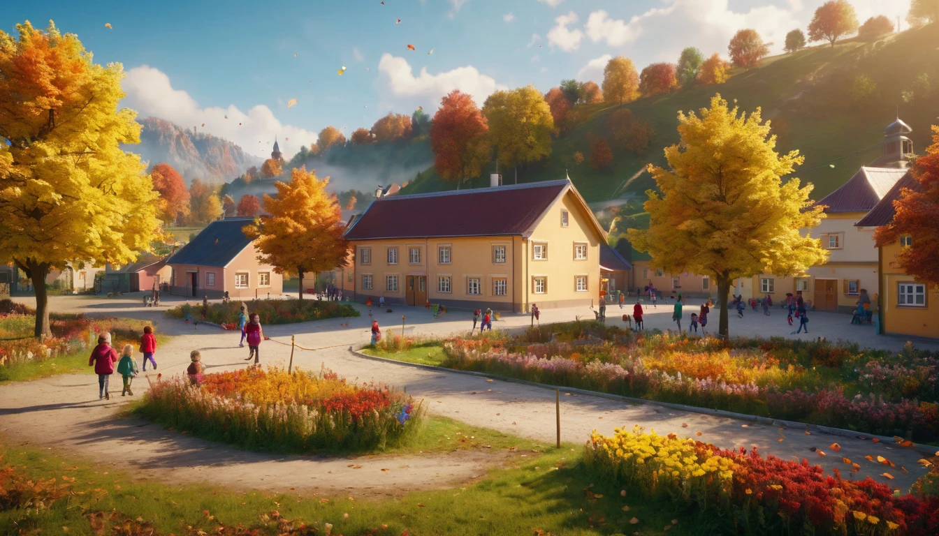 detailed simple elementary school in a small rural village, beautiful countryside landscape, autumn season, warm lighting, children playing outdoors, colorful flowers and trees, photorealistic, 8k, highly detailed, cinematic composition, vibrant colors, soft lighting, magical atmosphere