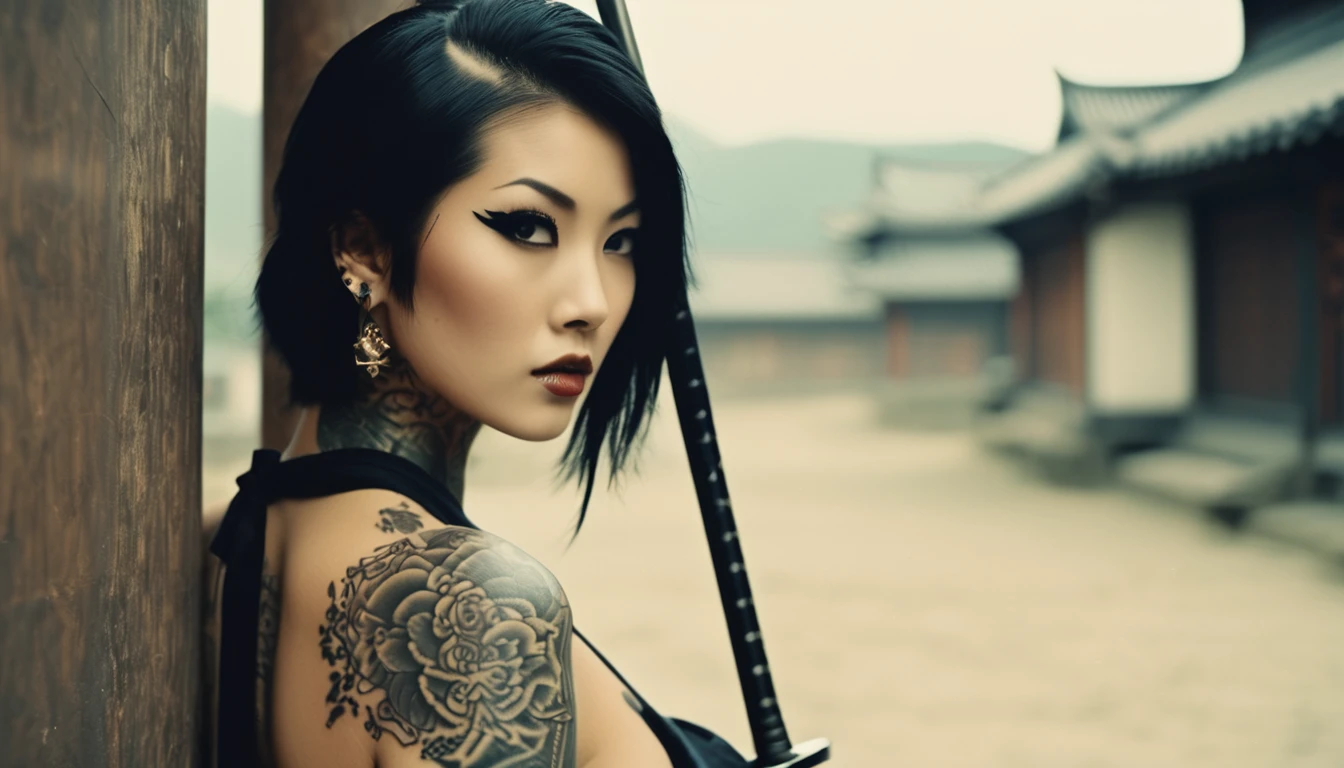 35-mm-Vintage-Foto , Eine sehr süße und schöne kaukasische Dame mit Tattoo , schlankes Yakuza-Mädchen, Samurai-Haare, orientalische Tätowierungen, Ninja-Handzeichen, weibliche Samurai, Yakuza-Tattoo am Körper, eines süßen Mädchens mit traditionellen Tattoos, Ganzkörpertattoos, Ganzkörpertattoos, hinter ihr eine verzierte koreanische Stangenwaffe, Geisha-Tätowierung ,bokeh, Fachmann