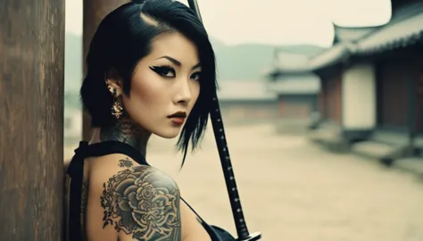 35mm vintage photo , A very cute and beautiful Caucasian lady with tattoo , slim yakuza girl, samurai hair, Oriental tattoos, ni...