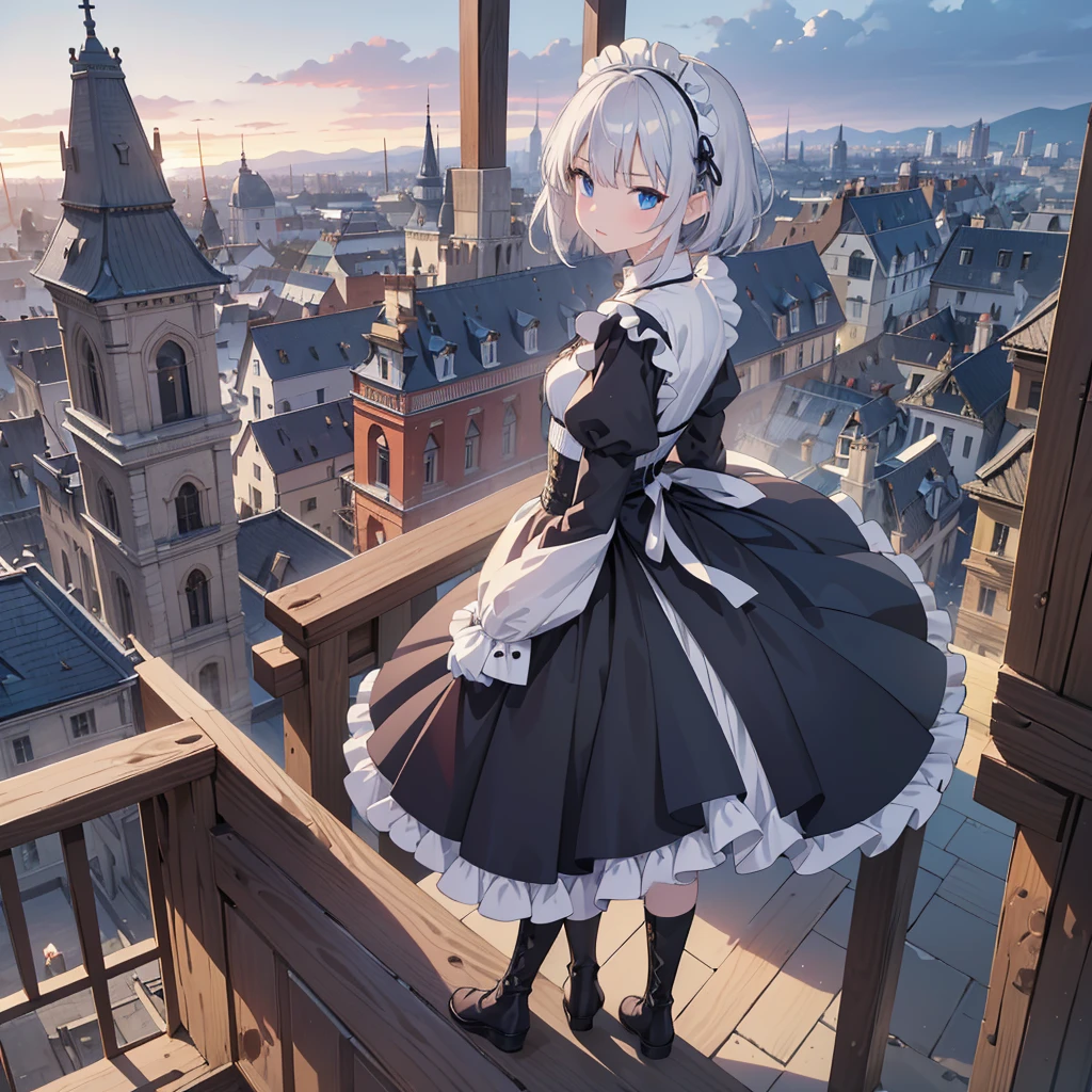 Illustration of one person, Dengeki Bunko, Woman Looking Back, Perfect Human Medicine, Woman keeps falling, {{{{{Maid clothes}}}}},Small Tits,anime, Two legs, Cool,{{{{{50 year old woman}}}}} ,{{{{{a person is depicted}}}}},(Official Art、{{{{{Upper Bodyアングル}}}}},Highest quality、Unity 8k wallpaper、32k、masterpiece、Ultra-detailed、Ultra-high resolution, Realistic、Grab your hair with your hands, Photorealistic:1.2)、(Cinema Lighting:1.2)、,Fire Glow Effect、The most grainy shadows on the film、Rim Light、Side light、Side Shot、(Ultra-detailedで複雑な3Dレンダリング)、Very short hair, Short wolf hair,細部までBeautiful Faceと目、Sharp pupils、Realistic生徒、Slender、Highly detailed background、Beautiful Face、Beautiful 16 year old girl、(Ultra-detailedなスキン、Detailed skin texture:1.Silver Hair:1.3)、Blunt bangs、blue eyes、{{{{{黒いMaid clothes}}}}}、White apron costume、Black knee socks、(Thighs Thighs Thighs Thighs:0.8)、Black Bhutanese sticks and a beautiful sunset、Medieval castle、Dancing on the Tower Roof、(avert your eyes、Overlooking the city:1.3)、Fantastic、Close your mouth and bite, Makes your face smaller, (Tabletop), Highest quality, Perfect Face, 1 Girl, alone, Eye color is light blue, Hair between the eyes, Very Short Hair, blue eyes, Silver Hair, Knee-high boots, corset,Black gloves, Long sleeve, Upper Body,