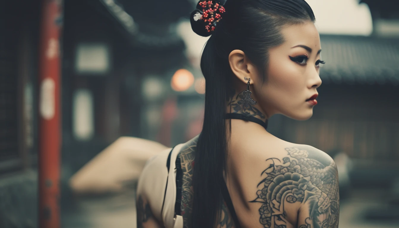 35-mm-Vintage-Foto , Eine sehr süße und schöne Dame mit Tätowierung , schlankes Yakuza-Mädchen, Samurai-Ponytail-Frisur, orientalische Tätowierungen, Ninja-Handzeichen, weibliche Samurai, Yakuza-Tattoo am Körper, eines süßen Mädchens mit traditionellen Tattoos, Ganzkörpertattoos, Ganzkörpertattoos, hinter ihr eine verzierte koreanische Stangenwaffe, Geisha-Tätowierung ,bokeh, Fachmann