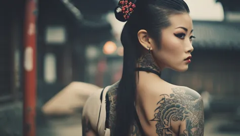 35mm vintage photo , A very cute and beautiful lady with tattoo , slim yakuza girl, samurai ponytail hair, Oriental tattoos, nin...