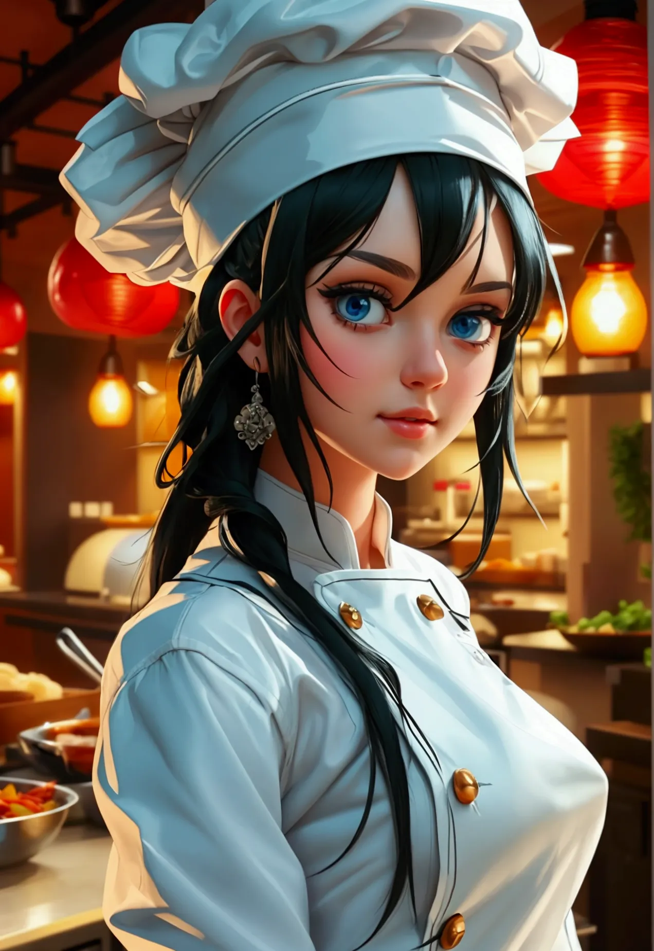 a beautiful girl dressed as a chef dressed as a cook all white, with long black hair [blue eyes,] full body view in 32k in very ...