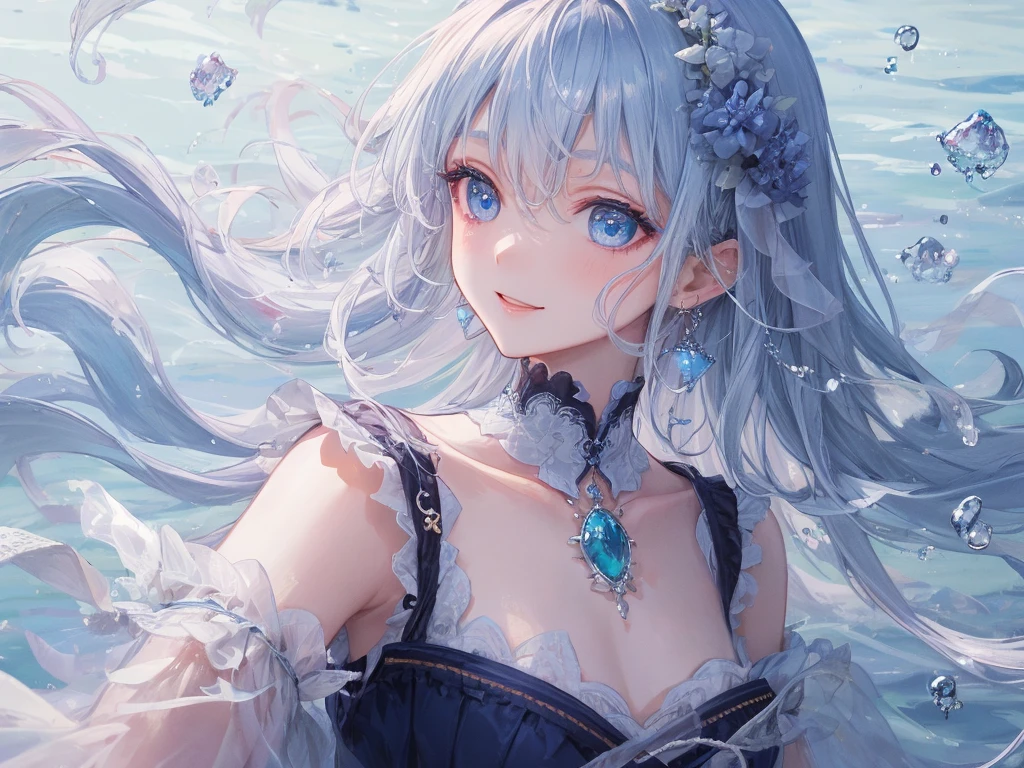 art by Cornflower,(​masterpiece),(top-quality:1.2),(perfect anatomy),(perfect fingers),(1 girl),the image of an albino girl with a mysterious aura,beautiful detailed blue eyes,blue elegant clothes,blue long hair,elegant face,(Highly detailed elegant),sideways glance,view from side,down light,Through delicate lines and gorgeous colors,captivating smile,,ethereal glow,there was a beautiful ocean with crystal clear water and water droplets on the surface,create an ethereal atmosphere like a dream