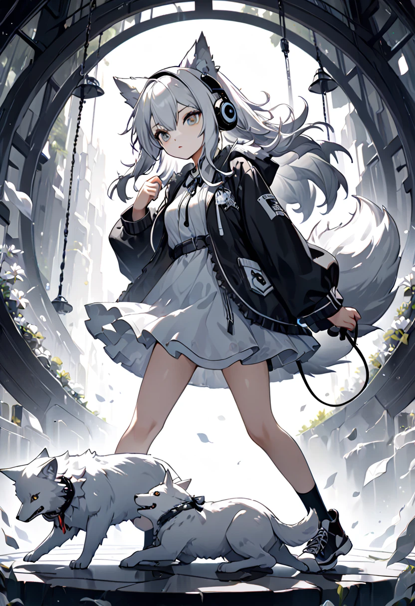 Highest quality, Super quality, 16K, Incredibly absurd, Very detailed, 2.5D, Delicate and dynamic depiction,Cute girl with headphones、Black and white wolf pet、