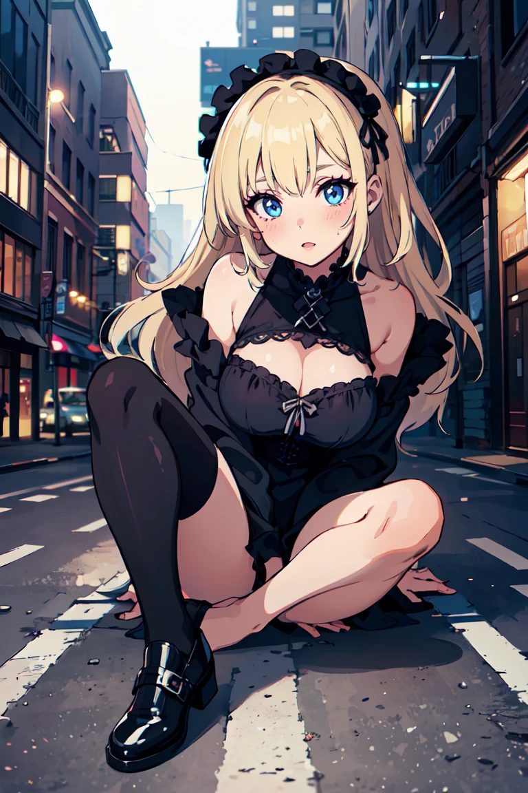 masterpiece, best quality, highly detailed background, perfect lighting, best quality, (extremely detailed face), volumetric lighting, intricate details, shadow, tonemapping, sharp focus, hyper detailed, trending on Artstation, (solo) ((Looking at the viewer)), ((city night background)) .Girl with medium blond hair.  Blue eyes. curvy. Blush, Clear skin.  Big bust. ((black, Goth, casual, clothes)) ((Gothic dressed)). Gothic shoes. ((Gothic makeup))