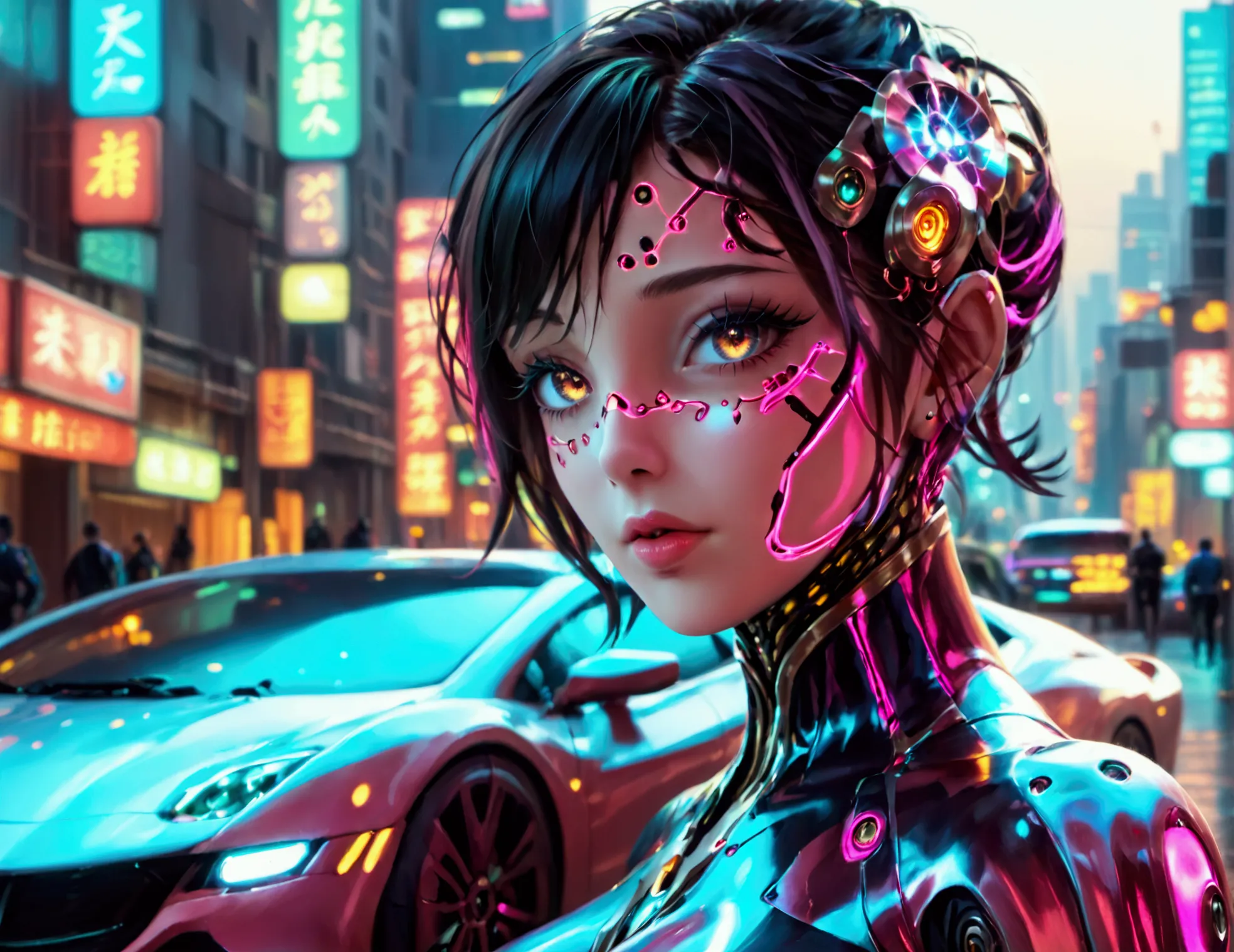 A cute woman, beautiful detailed eyes, beautiful detailed lips, extremely detailed face and skin, long eyelashes, wearing a sexy skin-tight bodysuit, a few cybernetic data-ports mar her skin, neon chrome color scheme, posing next to a matching cyber super ...