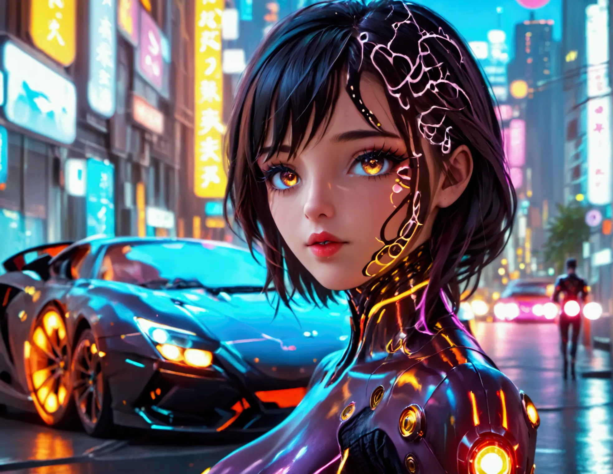 A cute woman, beautiful detailed eyes, beautiful detailed lips, extremely detailed face and skin, long eyelashes, wearing a sexy skin-tight bodysuit, a few cybernetic data-ports mar her skin, neon chrome color scheme, posing next to a matching cyber super ...