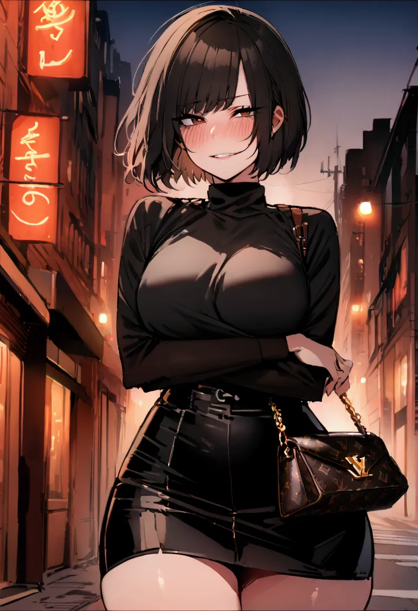 masterpiece, best quality 1girl, solo, beautiful woman, bangs, black hair, short hair, bob cut, dark brown eyes, deep blush, gri...