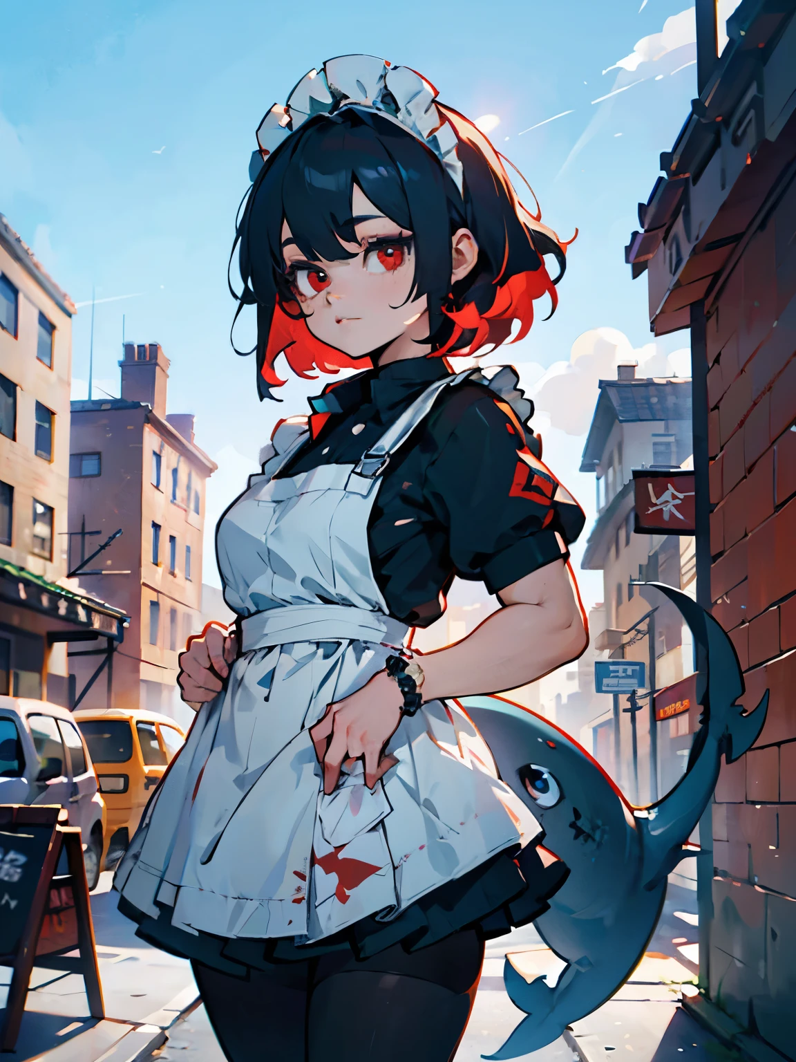 Anti-Joe, Ugly Joe, Black Hair, Colored undercoat, multicoloRed hair, (Red Eyes:1.3), Red hair, short hair, Two-tone hair, rest bapron, black Pantyhose, black shirt, black skirt, ear punching, arrive, fish Tail, maid, maid apron, maid headdress, Pantyhose, punching, puffy Short sleeve, Puff sleeves, Shark Girl, shark Tail, shirt, Short sleeve, skirt, Tail, Two-tone hair, Wrist sleeves, rest outdoors, City, Sky, cloud, sun, architecture, crowd, people, alley, rest looking at viewer, (Cowboy shooting:1.5), rest (masterpiece:1.2), best quality, high resolution, Unity 8K wallpaper, (illustration:0.8), (beautiful deTailed eyes:1.6), extremely deTailed face, Perfect lighting, extremely deTailed CG, (Perfect hands, Perfect anatomical structure),
