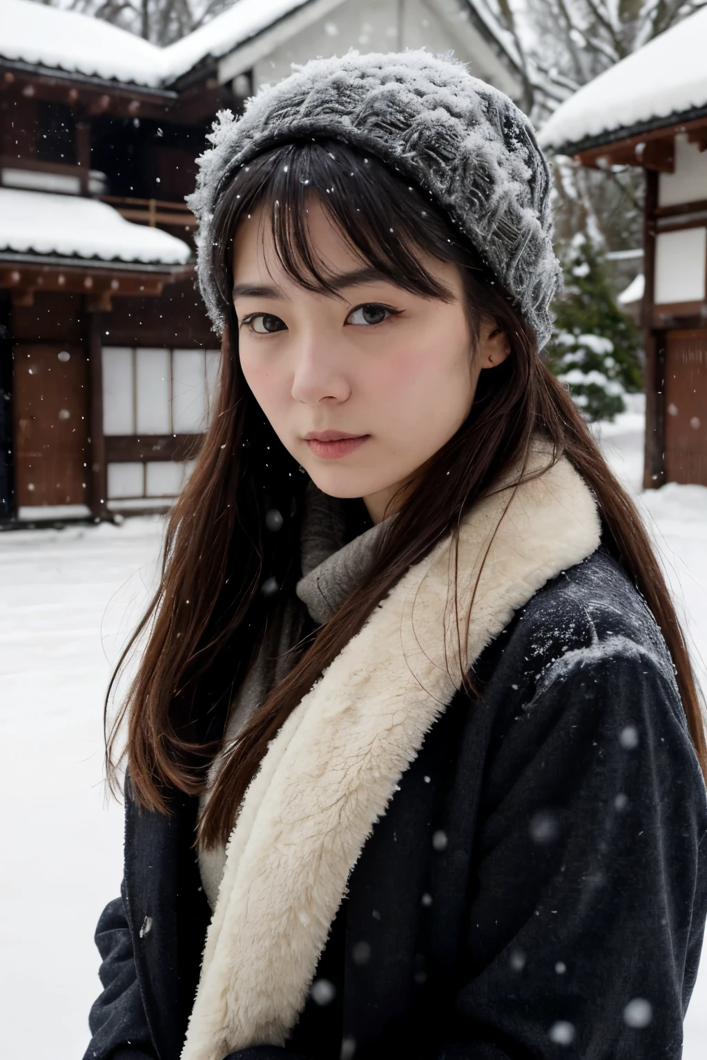 (8k, best quality, masterpiece, ultra highres) Photo of Pretty Japanese woman in the (style of paul rubens and rebecca guay) (melancholy winter snow), long hair, young