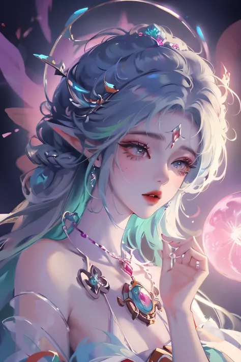 Close-up of a woman with rich and colorful hair and necklace, Anime girl with cosmic long hair, The soft vibrancy of Rossdraws, ...