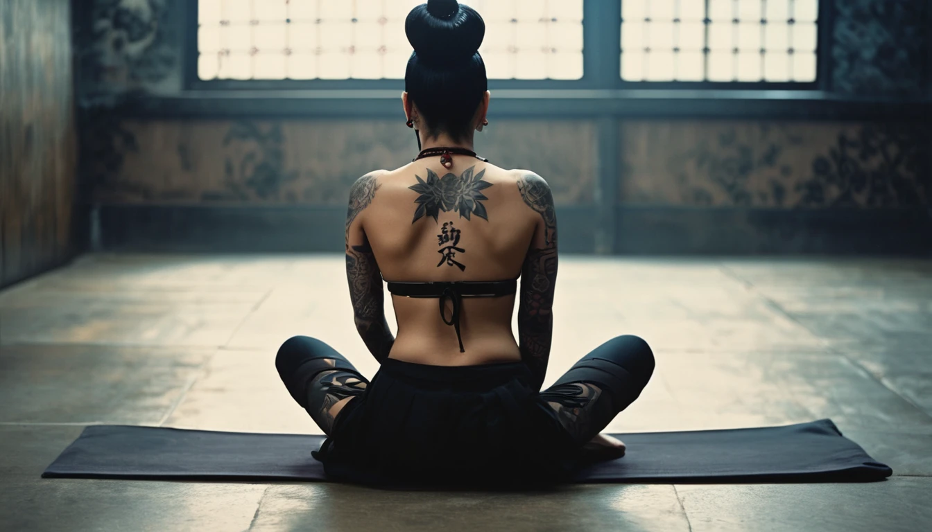 Foto antigua de 35 mm. , Una señora con tatuaje sentada en el suelo., (muscular:1.2) ,(hombro ancho) , cicatrices en la espalda, yakuza girl, Pelo De Moño, solo tatuajes en la espalda, mano abierta, mostrando el músculo de la espalda, mujer samurái, tatuajes de cuerpo completo, vista trasera, sosteniendo una katana muy brillante,bokeh, Profesional